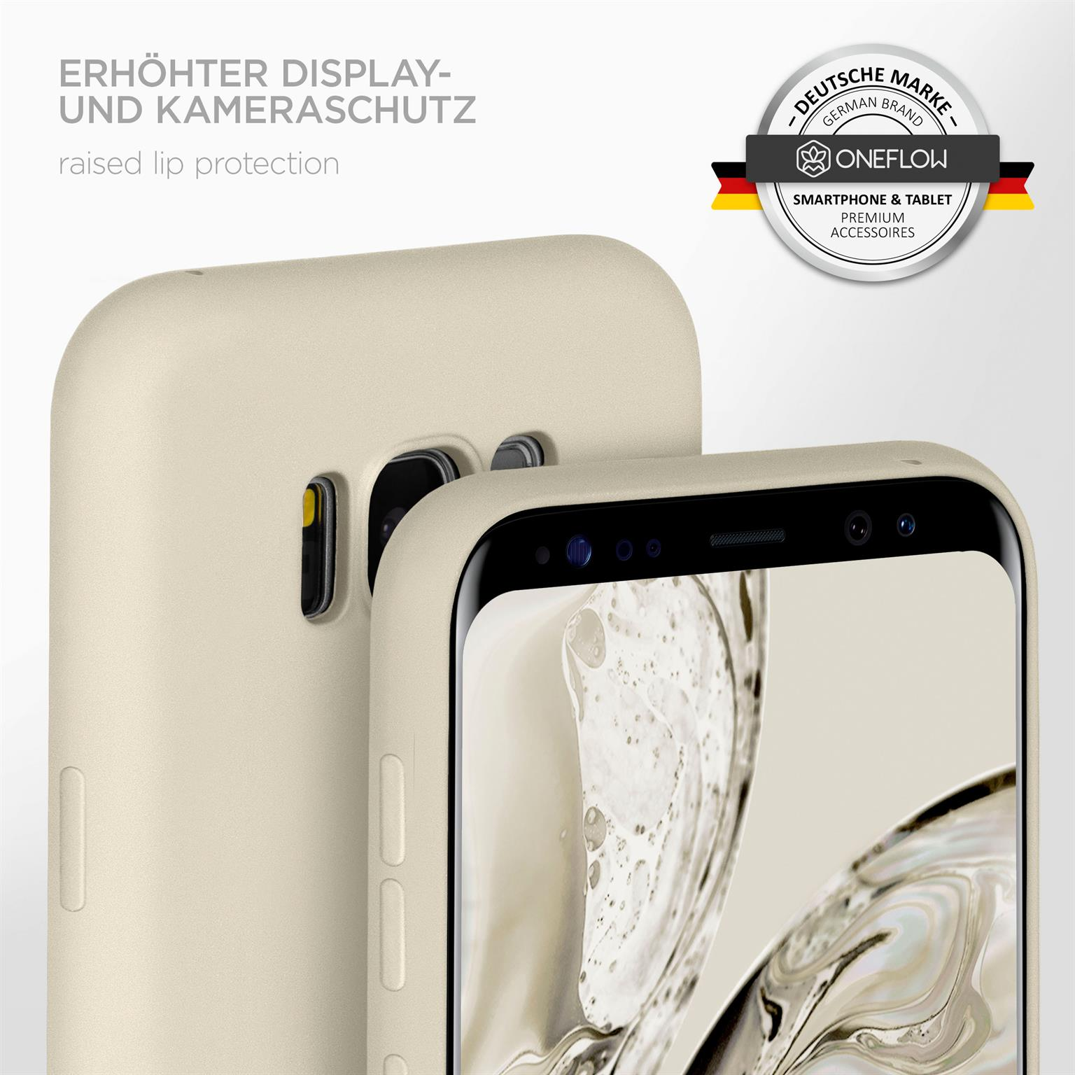 Zwei Telefone in beigen Hüllen. Eines ist fokussiert und zeigt den Bildschirm. Ein Logo befindet sich oben rechts.
