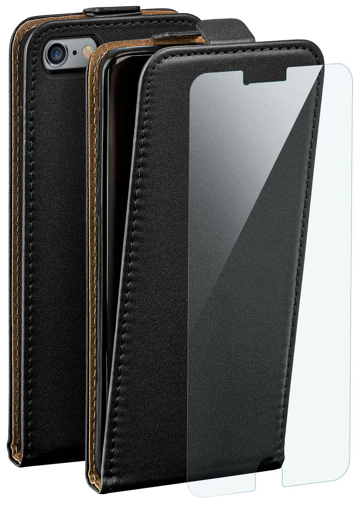Schwarze Leder-Handyhülle, geöffnet. Telefon im Inneren. Nahtdetail, transparente Displayschutzfolie.