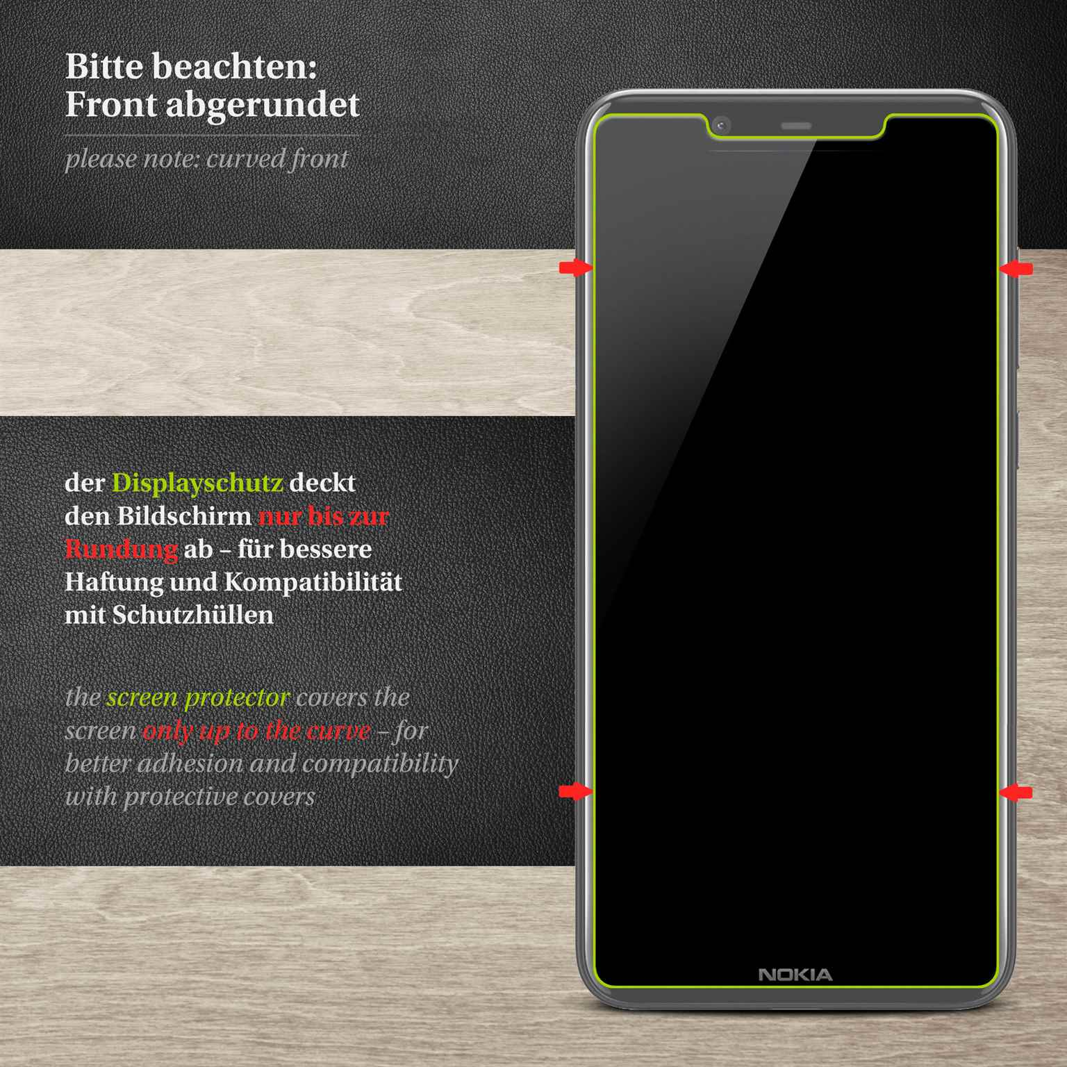 Eine Displayschutzfolie mit Telefonform. Text auf der Schutzfolie. Der Bildschirm ist schwarz.