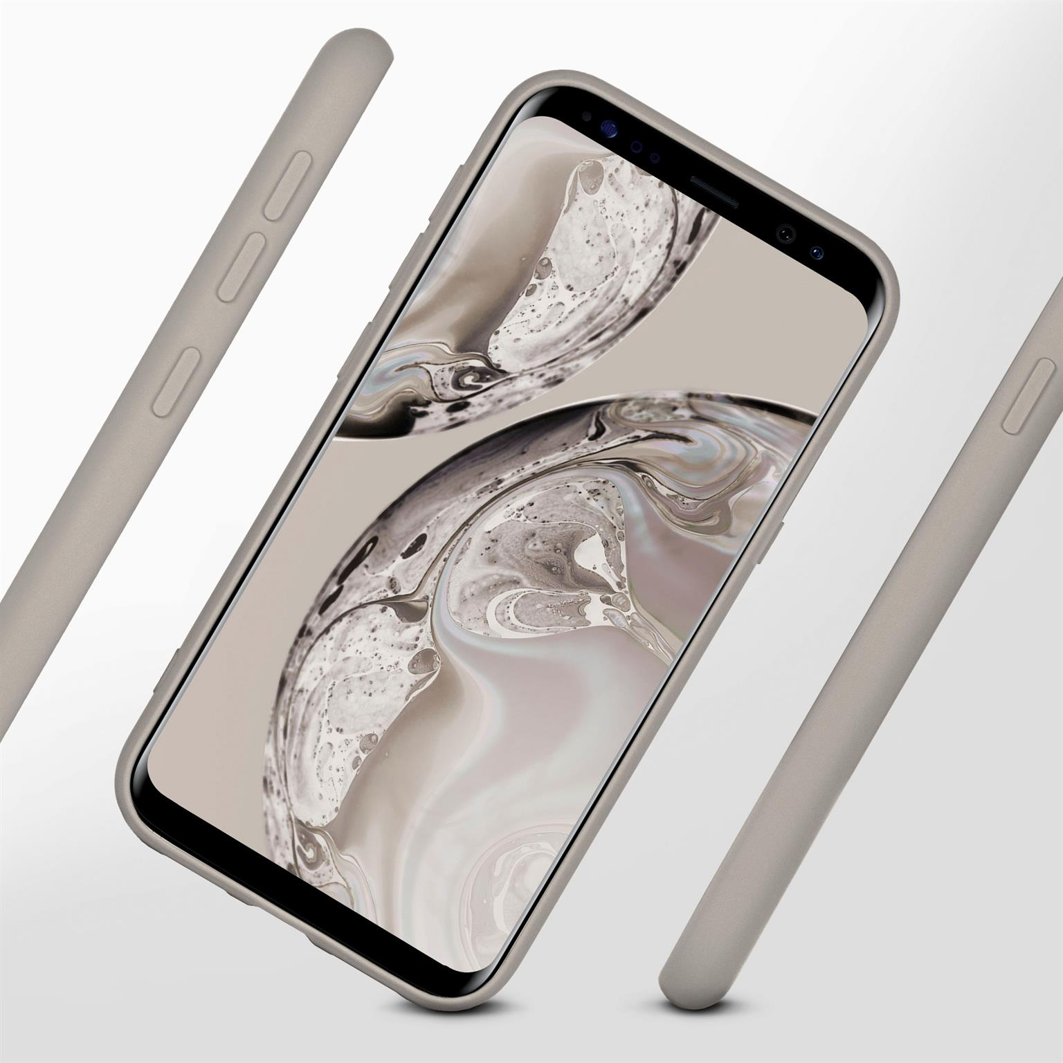 Smartphone in einer Hülle. Die Hülle ist hellgrau. Der Hintergrund ist weiß.