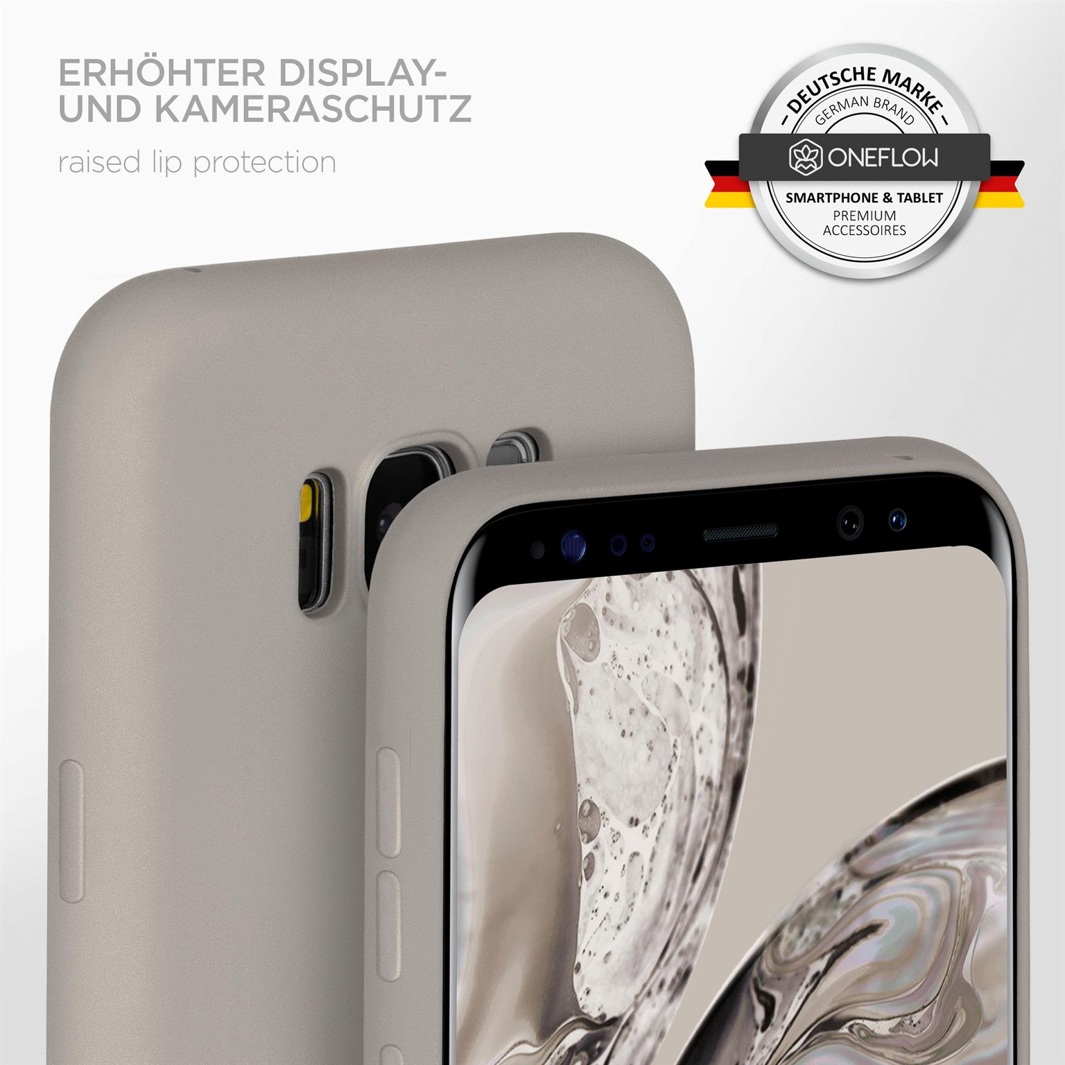 Ein Telefon in grauer Hülle und eine zweite Hülle, zeigt den erhöhten Lippenschutz.
