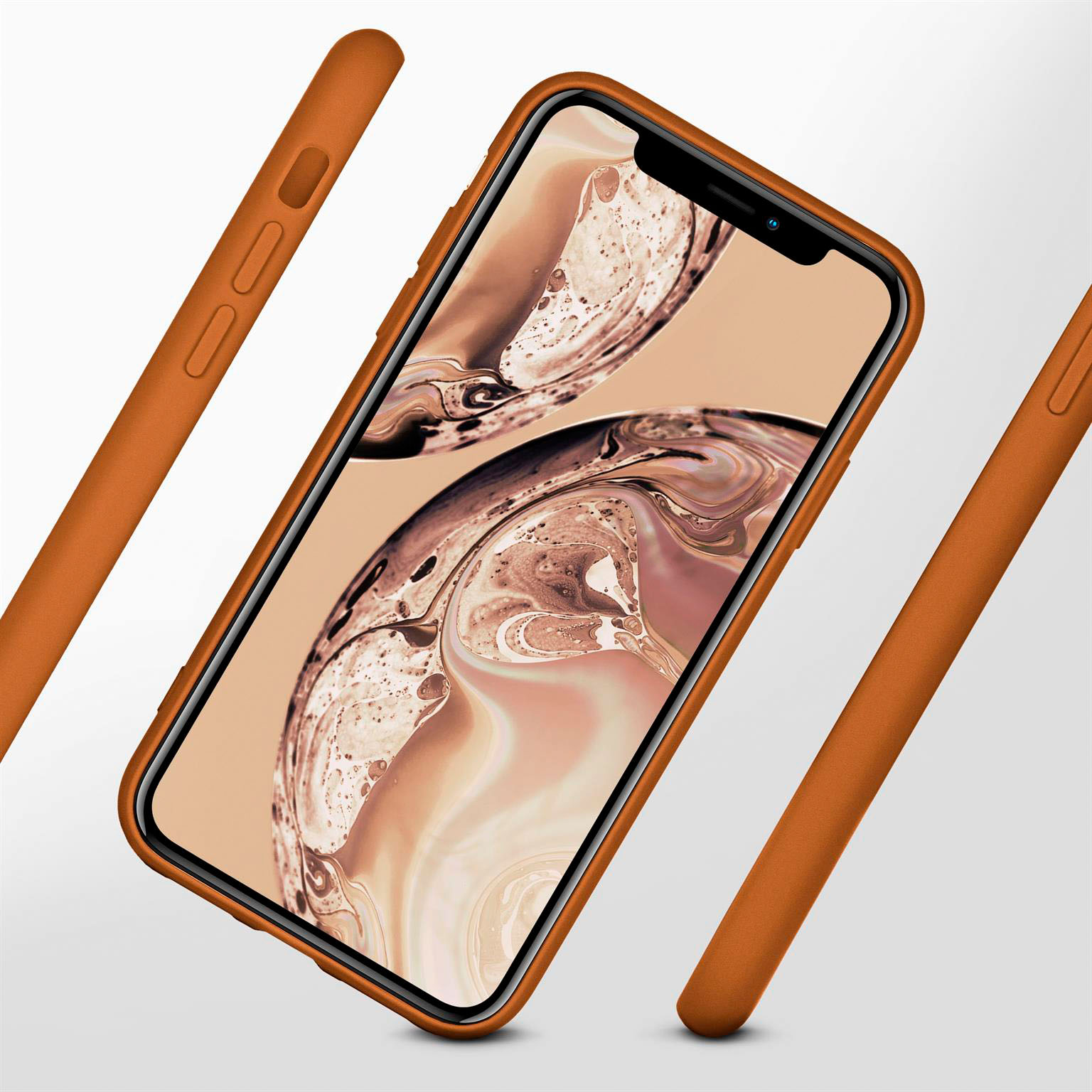Orangene Handyhülle mit Telefon im Inneren, diagonaler Winkel.
