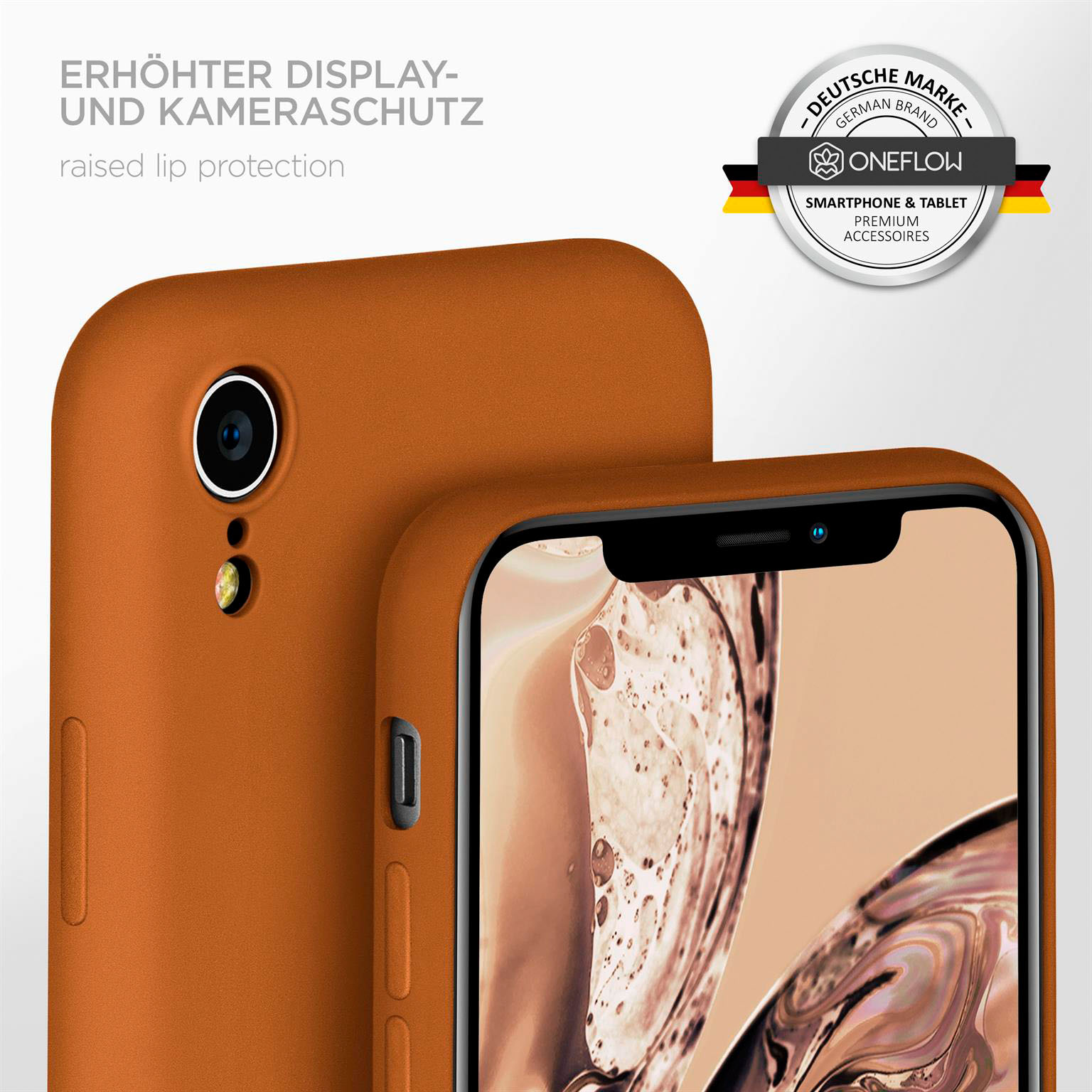 Orange Handyhülle auf einem Telefon. Text: Erhöhter Lippenschutz. Und ein Markenlogo.