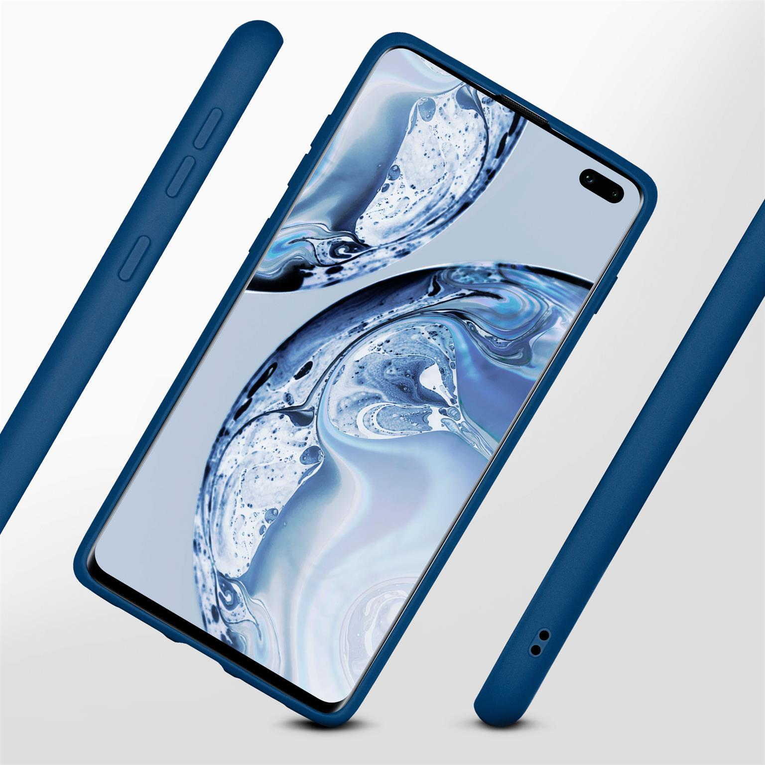 Blaue Handyhülle um ein weißes Telefon mit drei Teilen. Die Hülle hat ein Telefon darin.