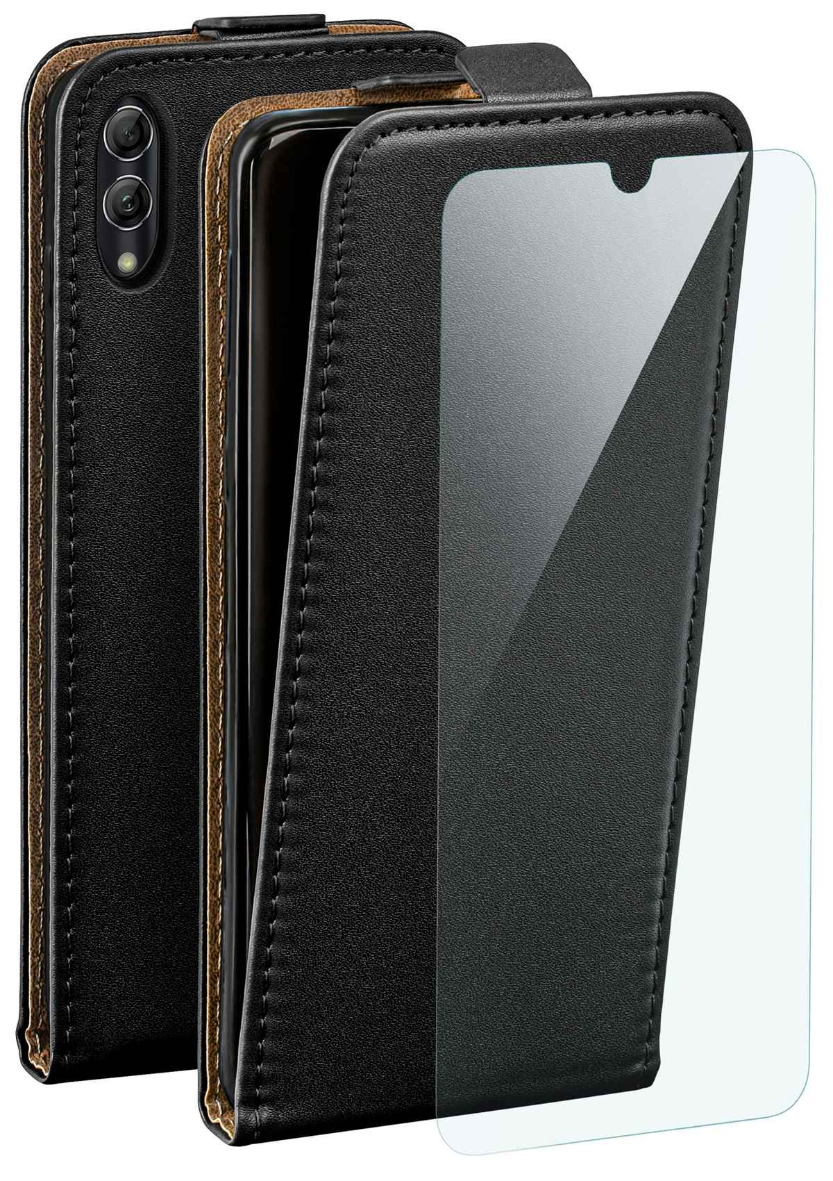 Eine schwarze Handyhülle mit einem Telefon und Displayschutzfolie werden gezeigt.