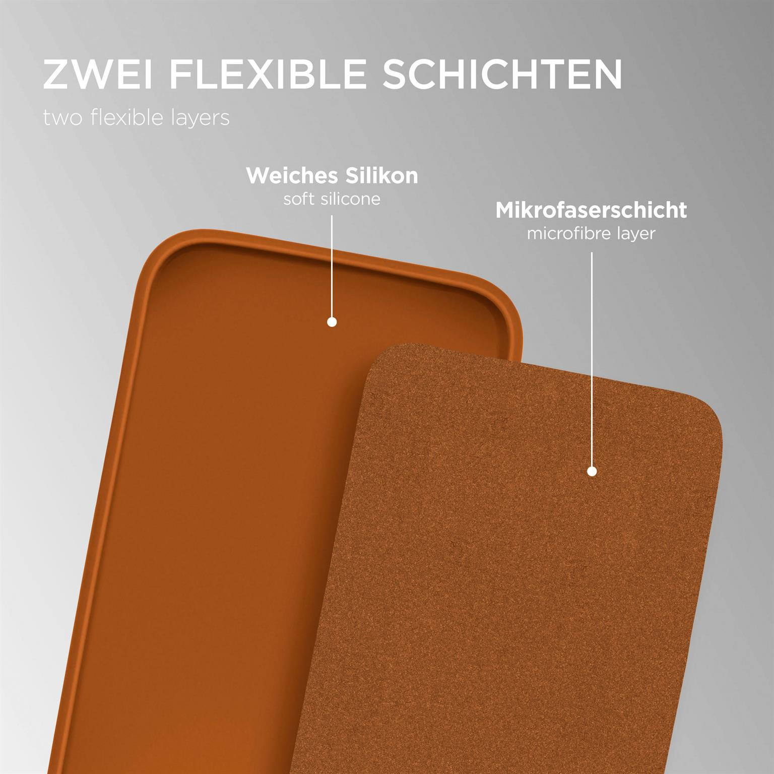 Zwei Handyhüllen: orangefarbenes Silikon und braune Mikrofaser.