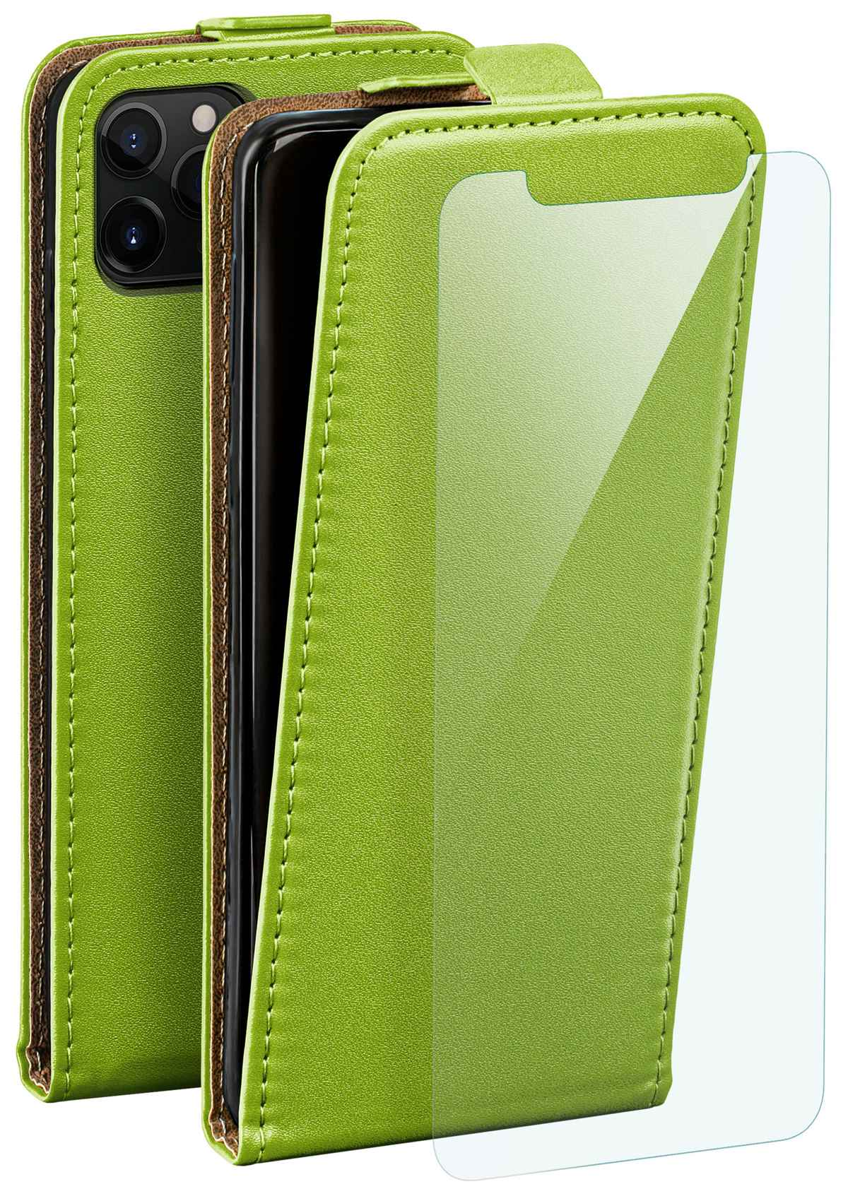 Grüne Leder-Handyhülle, offen, mit einem Telefon darin und einem Displayschutz.
