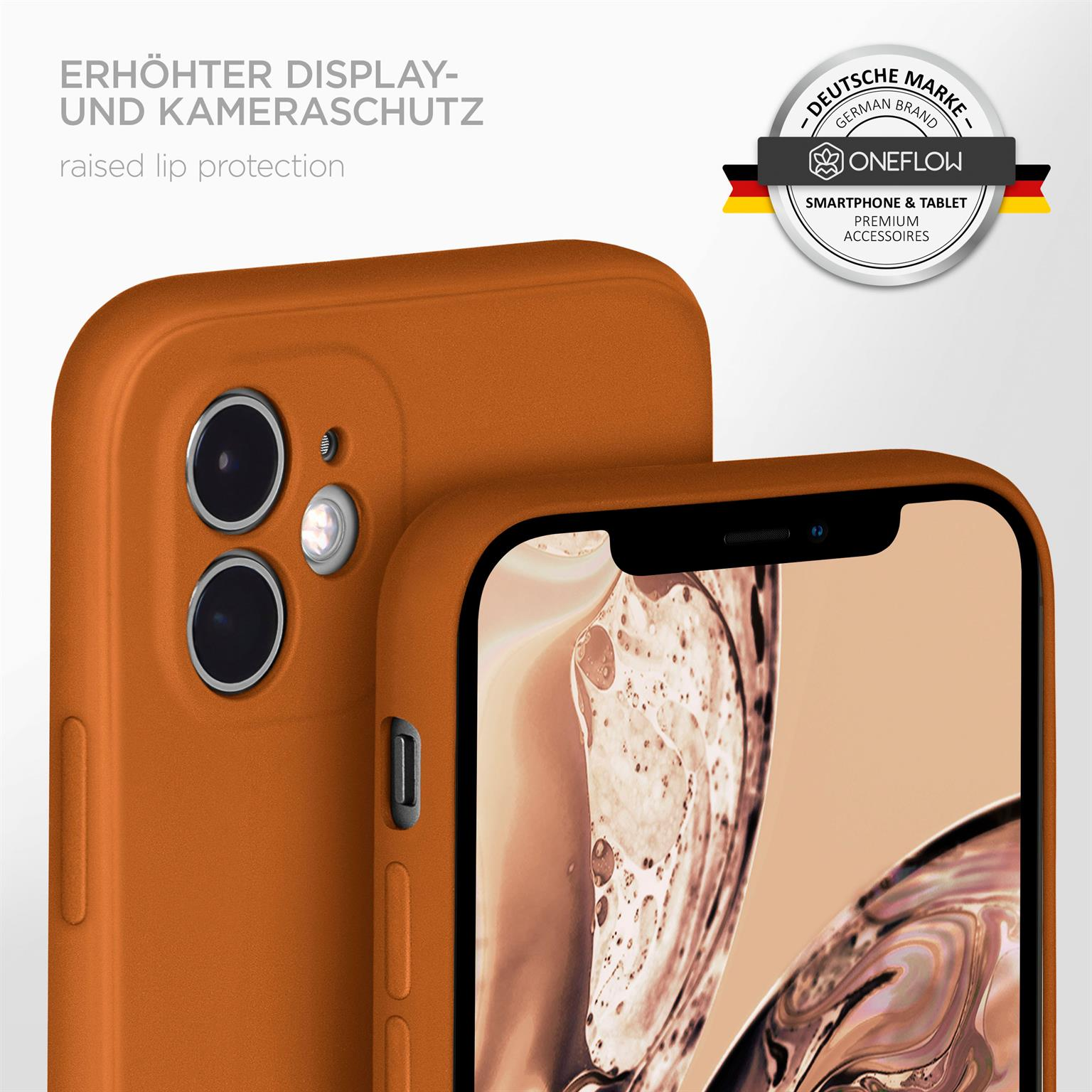 Zwei orangefarbene Handyhüllen, eine mit sichtbaren Kameradetails und einem Logo.