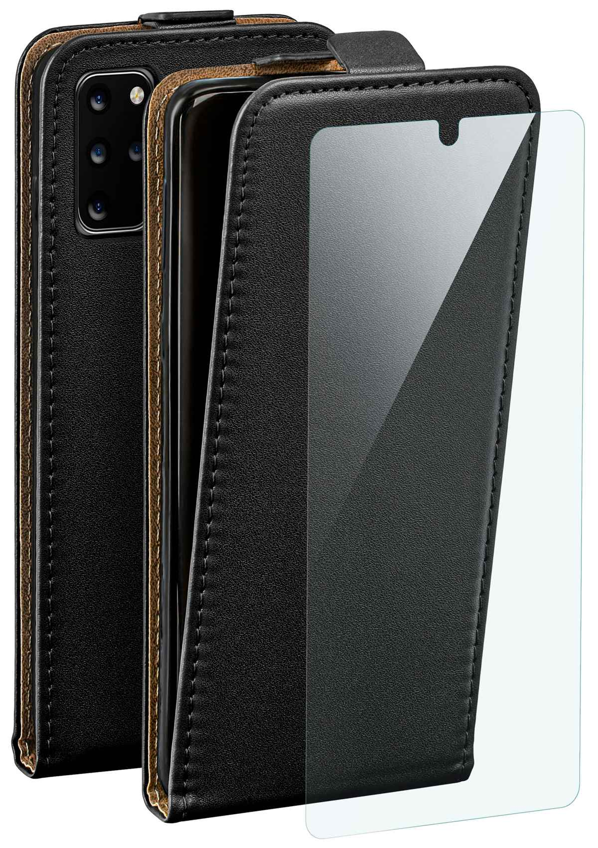 Schwarze Handyhülle mit Klappe. Ein Telefon ist darin. Ein Displayschutz befindet sich an der Seite.