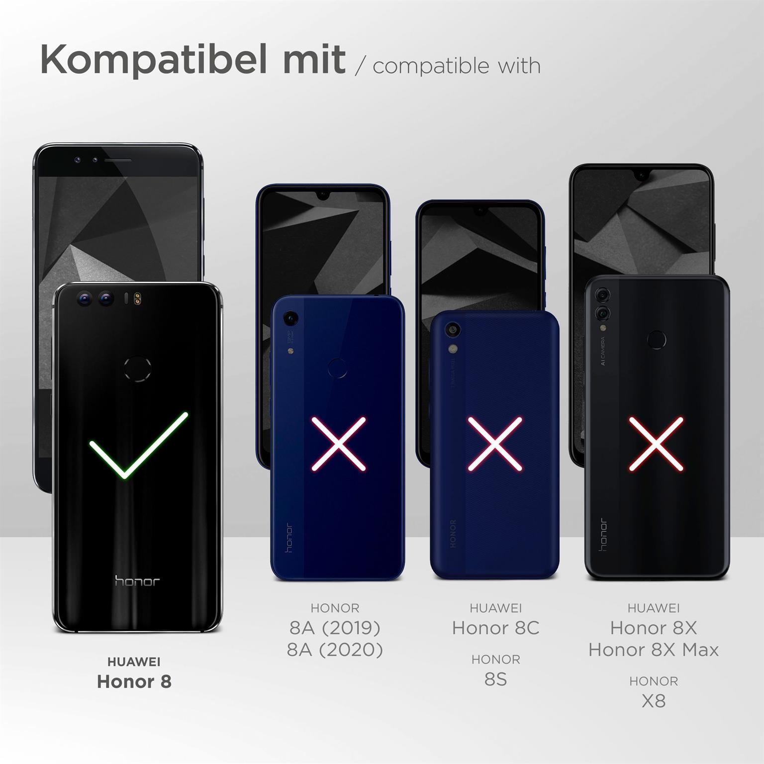 Mehrere Telefone mit unterschiedlichen Rückseiten und Modellen. Einige Modelle haben ein Häkchen oder ein Kreuz.
