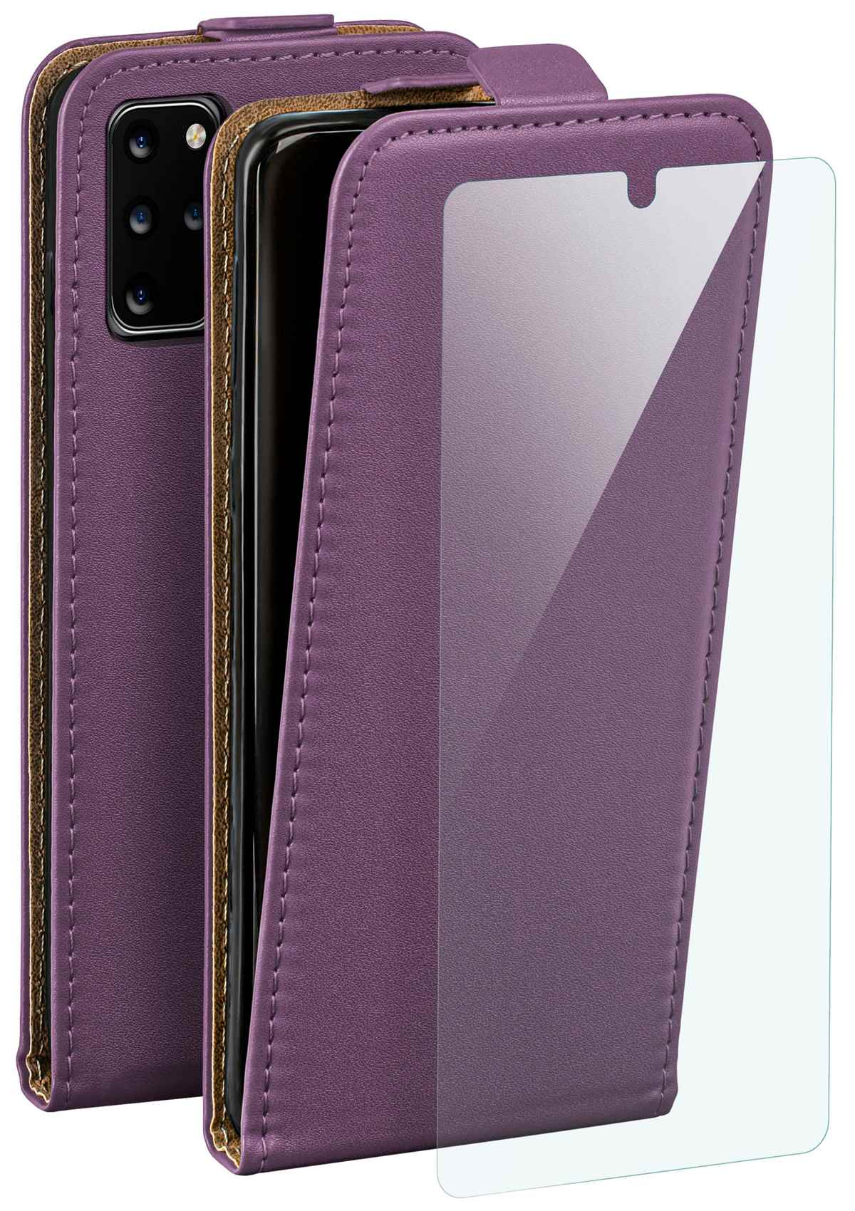 Lila Handyhülle offen mit Displayschutz. Telefon ist innen. Brauner Rand.