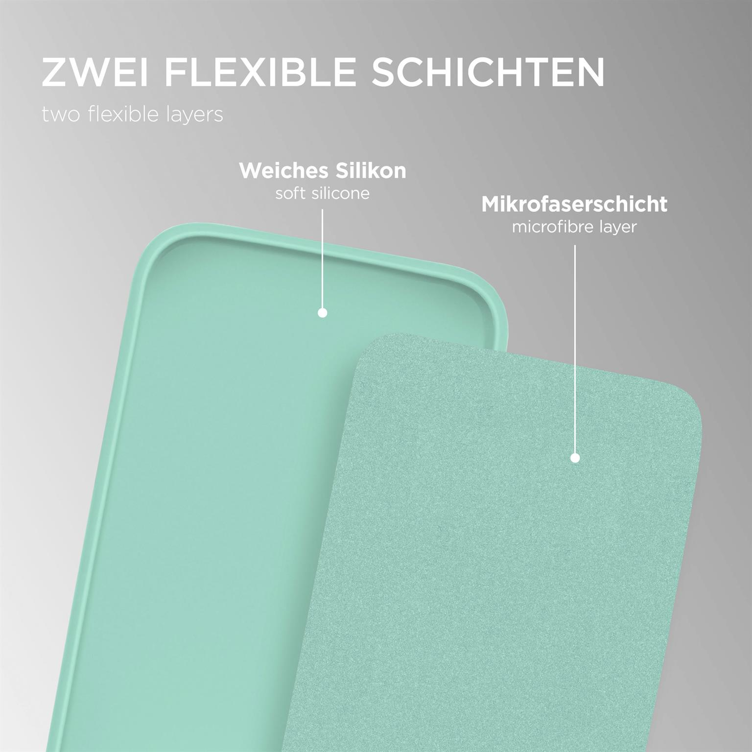 Zwei flexible Schichten: weiches Silikon und Mikrofaser. Eine hellgrüne Handyhülle und eine passende Schicht sind sichtbar.