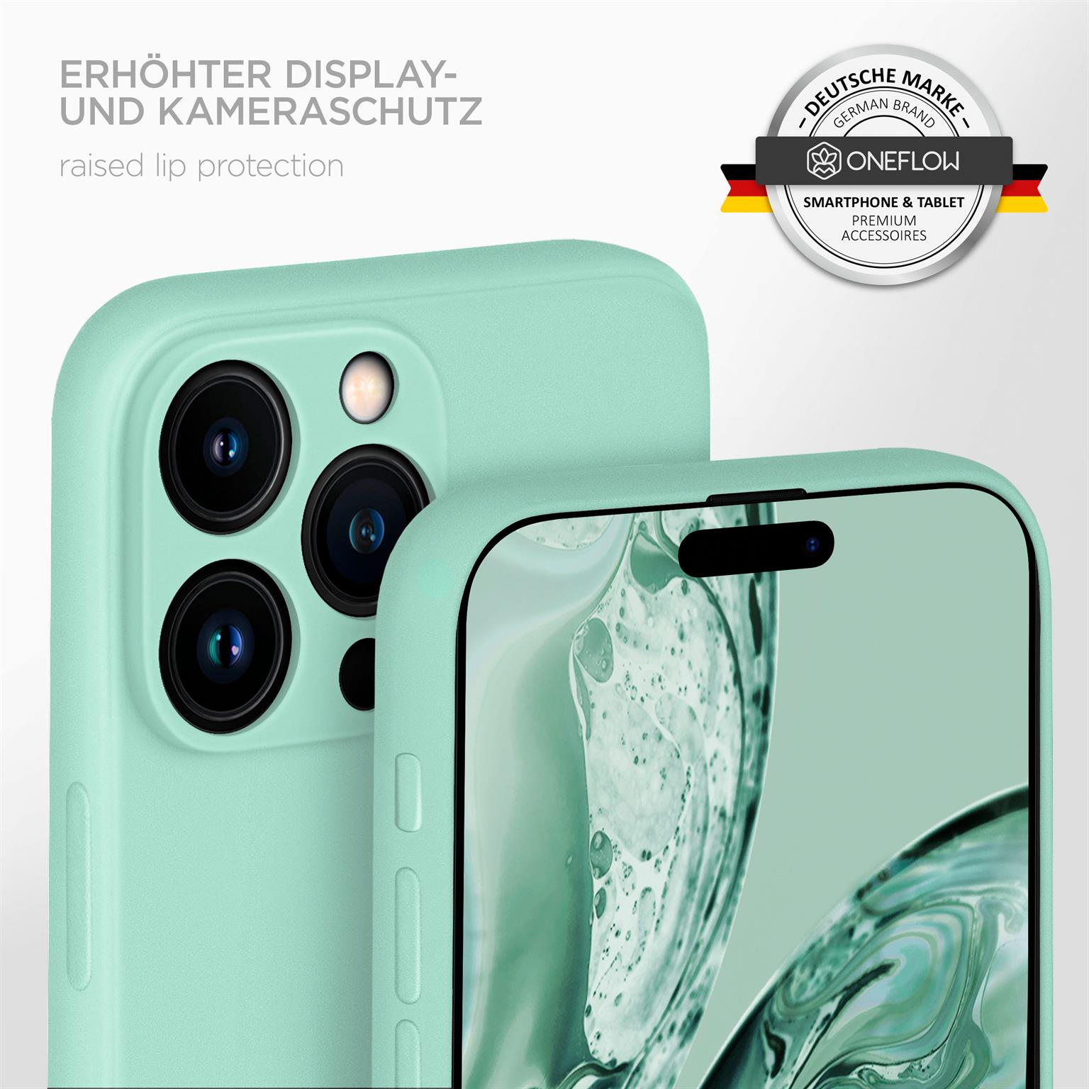 Grüne Handyhülle und Telefon. Text: erhöhter Lippenschutz. Deutsches Markenlogo rechts.