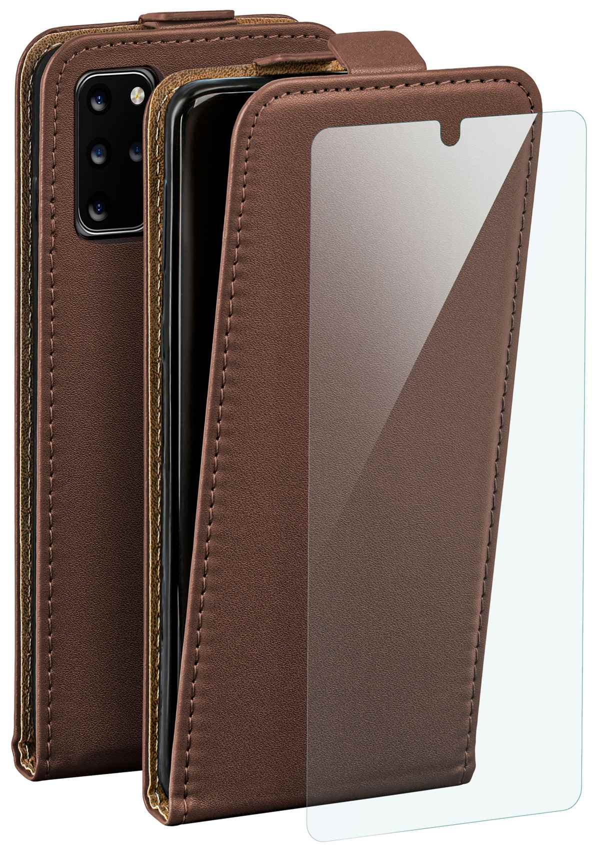 Braune Handyhülle mit Telefon, Displayschutzfolie. Geöffnete und geschlossene Ansichten.