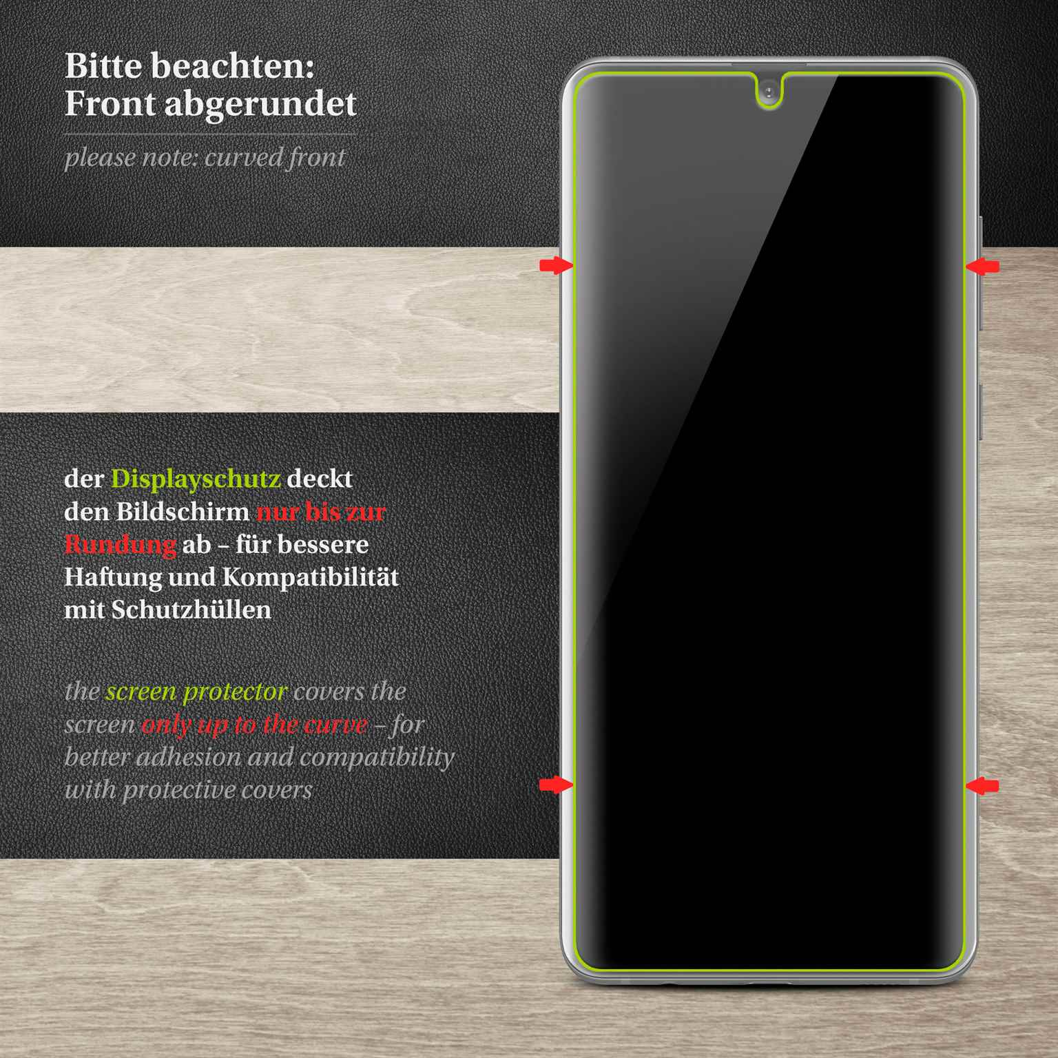 Ein Telefonbildschirm mit Displayschutzfolie und roten Pfeilen, die die gebogenen Kanten anzeigen.