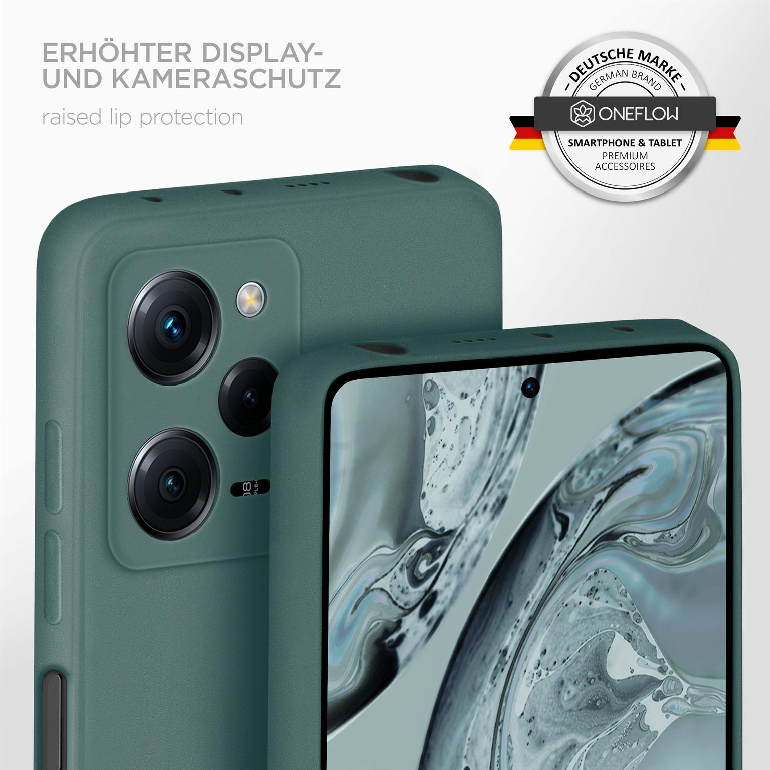 Grüne Handyhülle mit erhöhtem Kameraschutz. Text: Erhöhter Lippenschutz. Markenlogo im Hintergrund.
