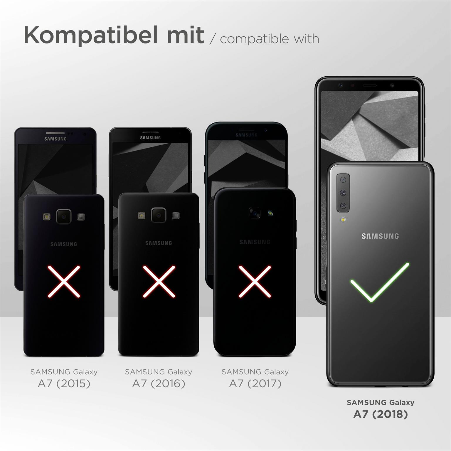 Handys mit Hüllen. Einige haben rote X, andere einen grünen Haken. Kompatibel mit Samsung Galaxy A7.