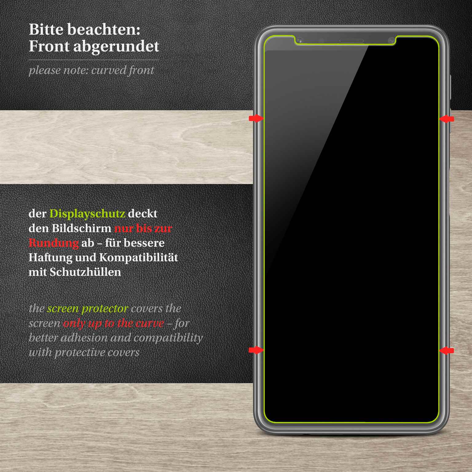 Ein Displayschutz mit abgerundeten Kanten, der den Bildschirm nur bis zur Krümmung abdeckt.