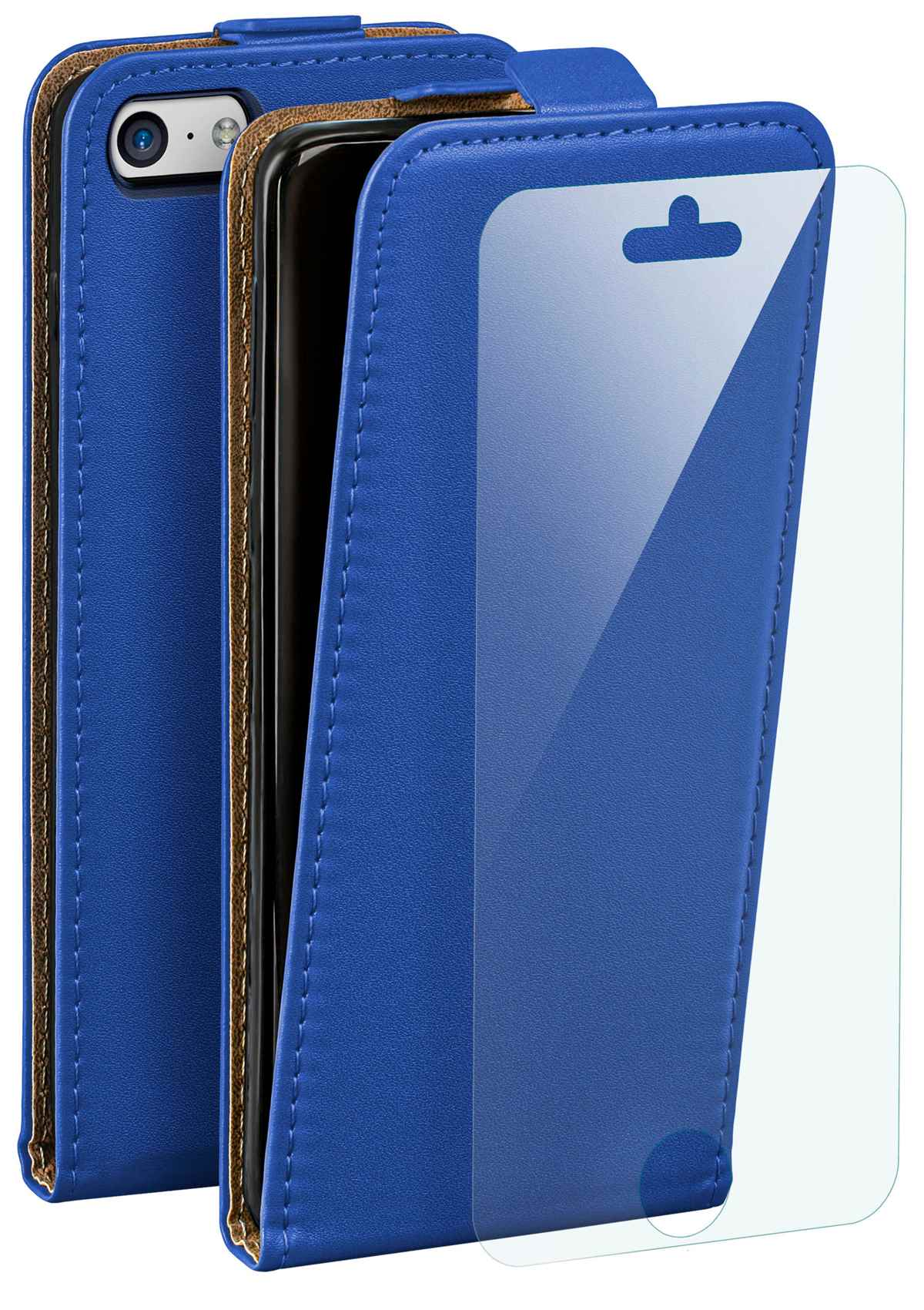 Blaue Handyhülle mit Displayschutz. Telefon hat eine Kamera. Hülle ist offen, schwarzer Bildschirm.