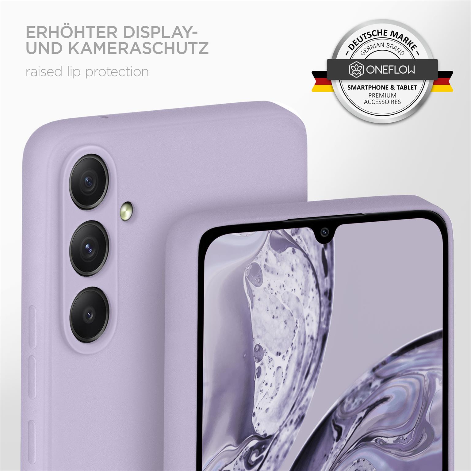 Das Bild zeigt eine lavendelfarbene Handyhülle mit dem Handy. Die Handyhülle hat erhöhte Kanten für Kamera- und Displayschutz.