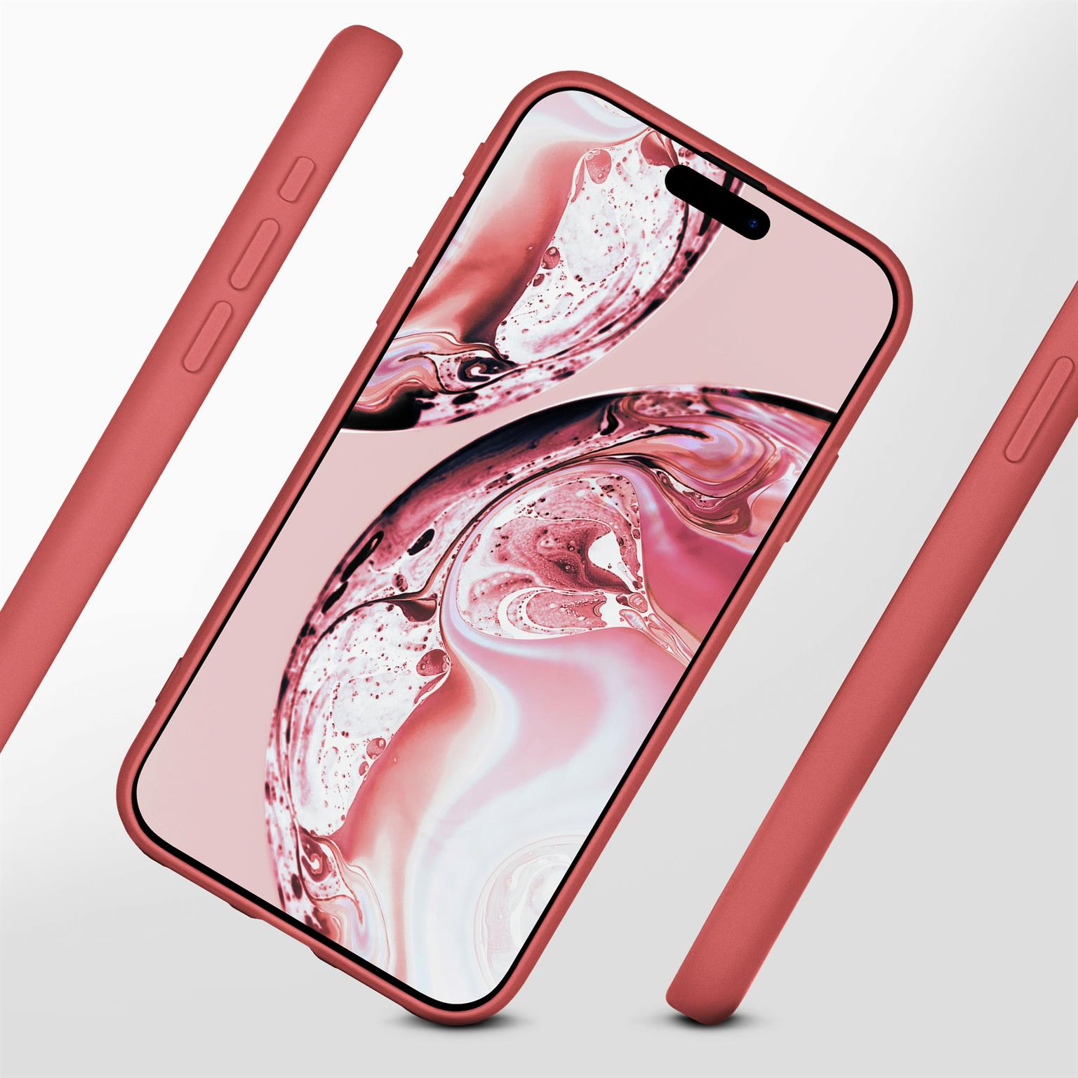 Ein rotes Telefon in einer roten Hülle. Das Telefon ist abgewinkelt, zeigt Bildschirm und Tasten.