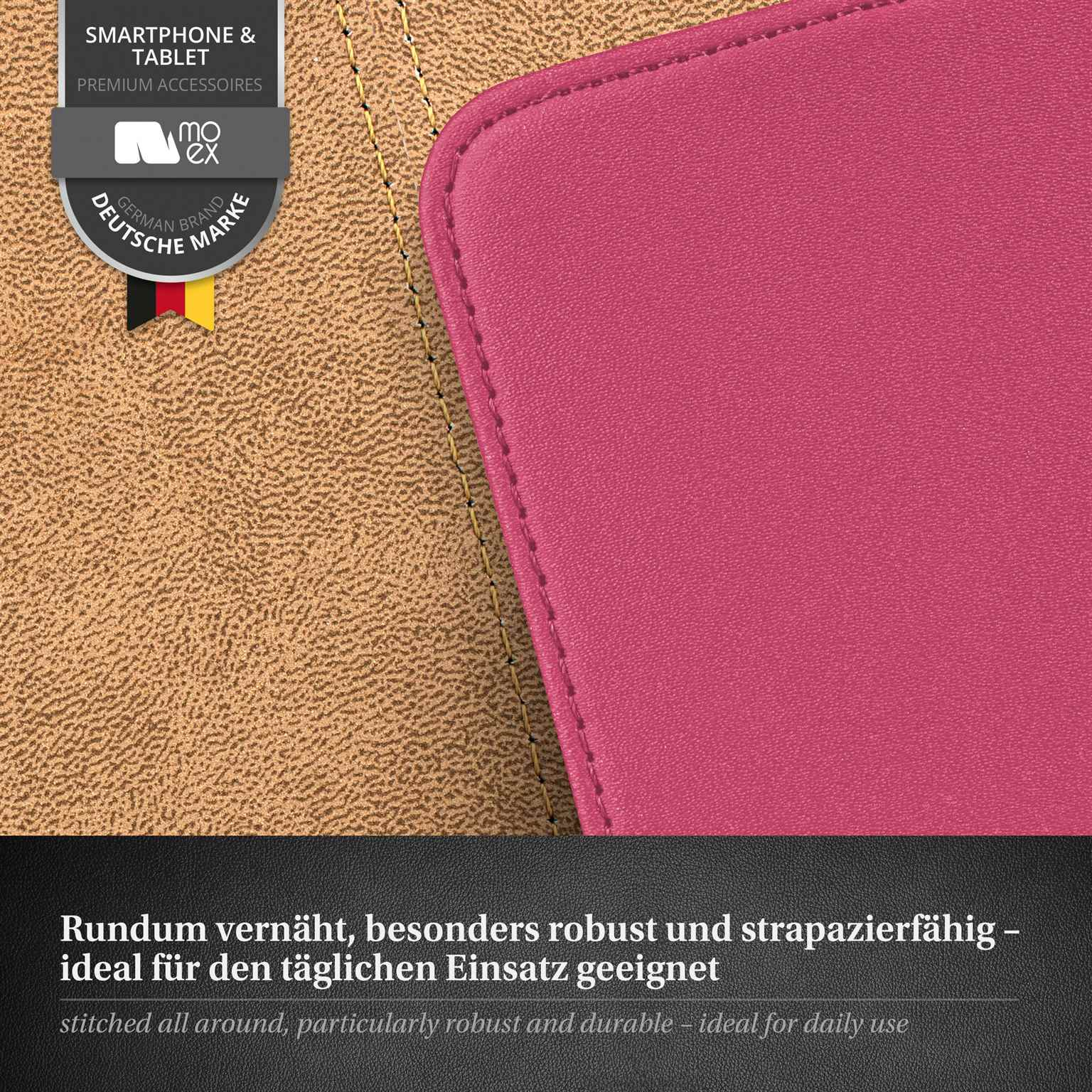 Nahaufnahme einer pinkfarbenen Handyhülle, genäht. Text: Rundum vernäht, robust.