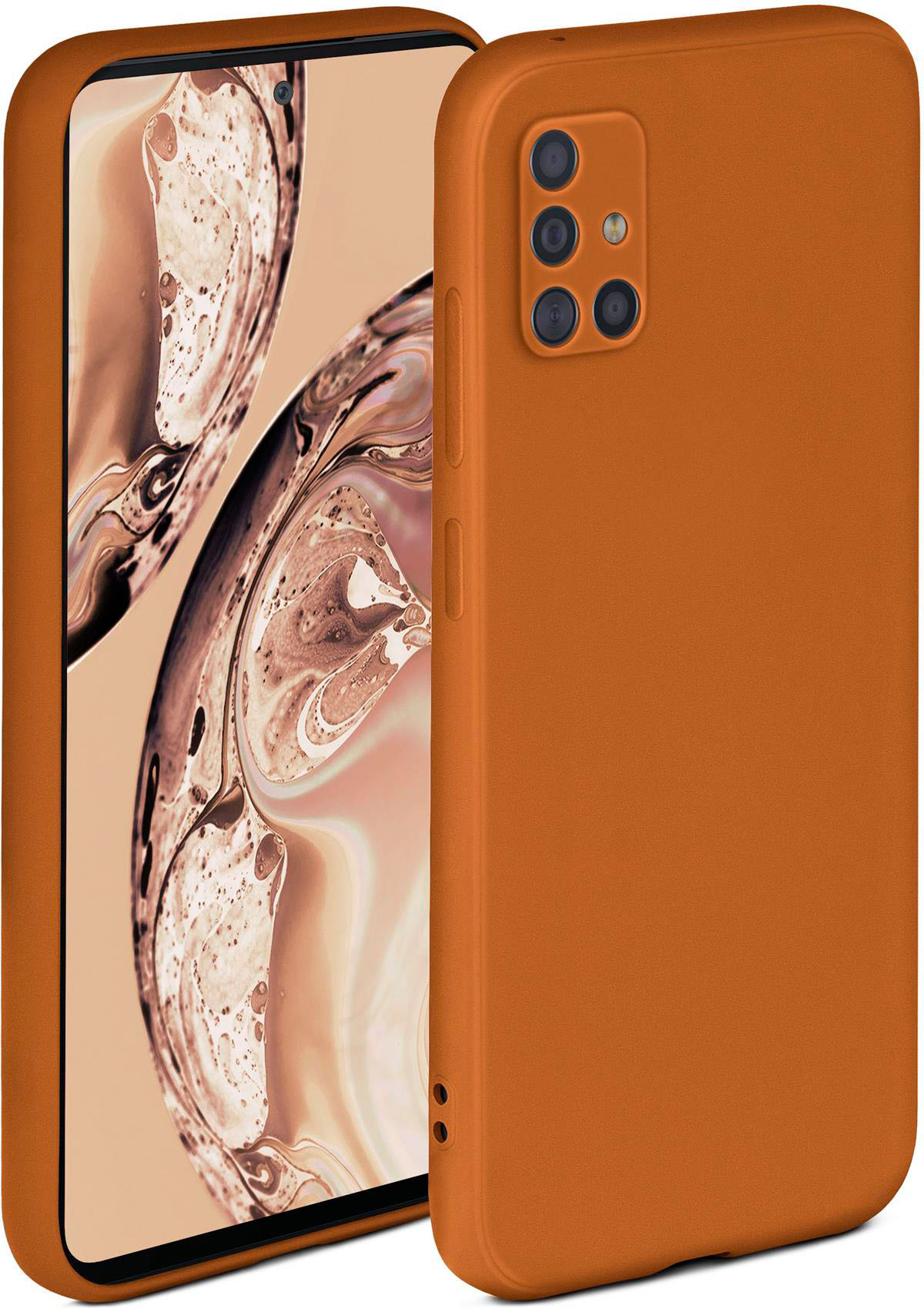 Orange Handyhülle mit Telefon. Die Hülle hat drei Kameras.