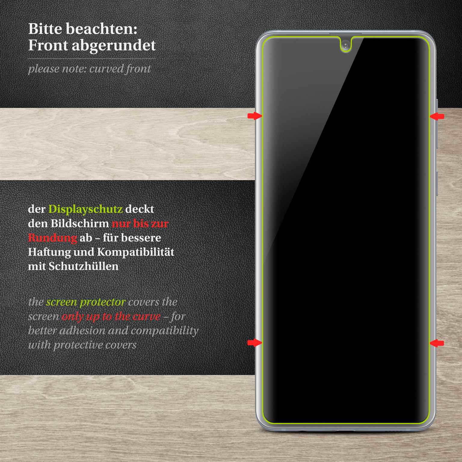 Telefon mit Displayschutz, abgerundete Kanten. Text: Displayschutz nur bis zur Rundung.