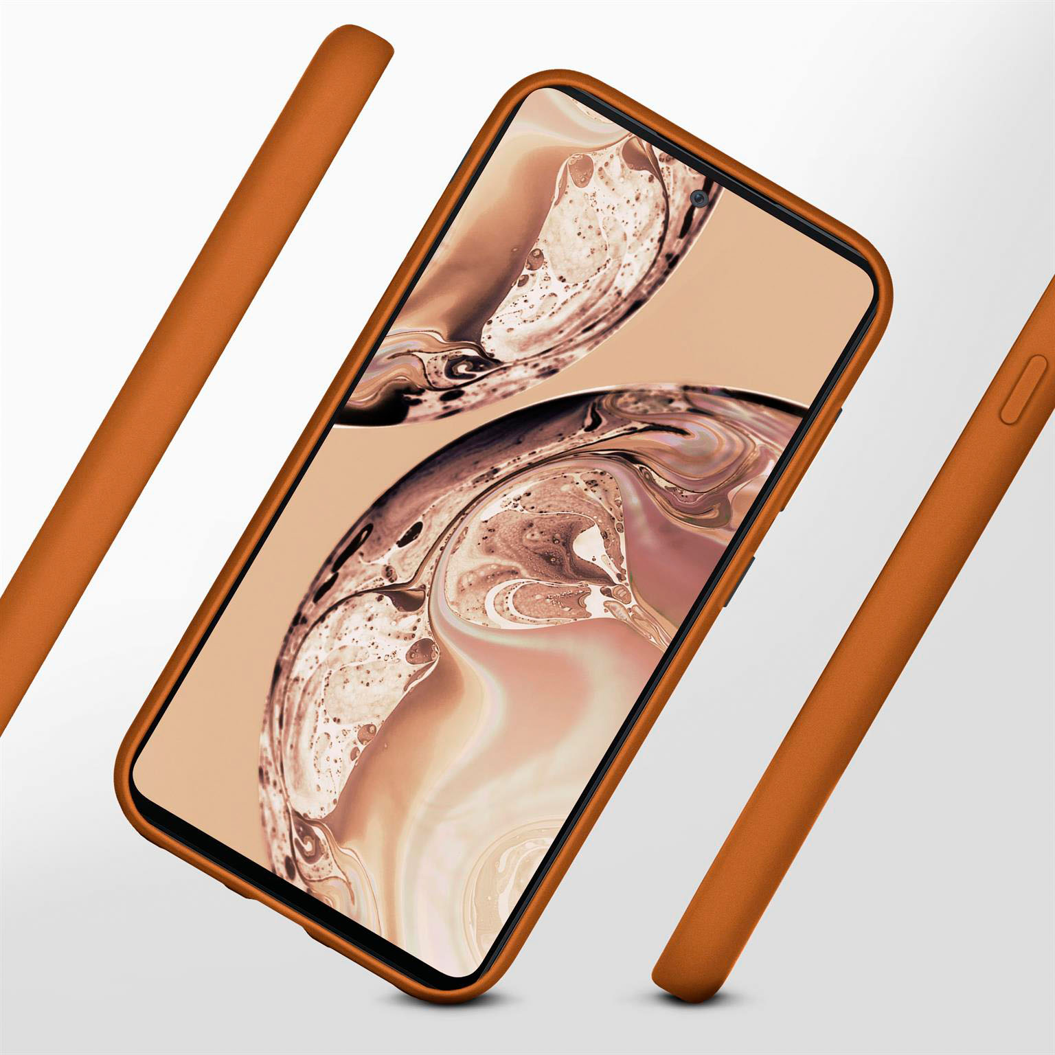 Telefon in orangefarbenem Gehäuse, mit drei orangenen Balken im Bild.