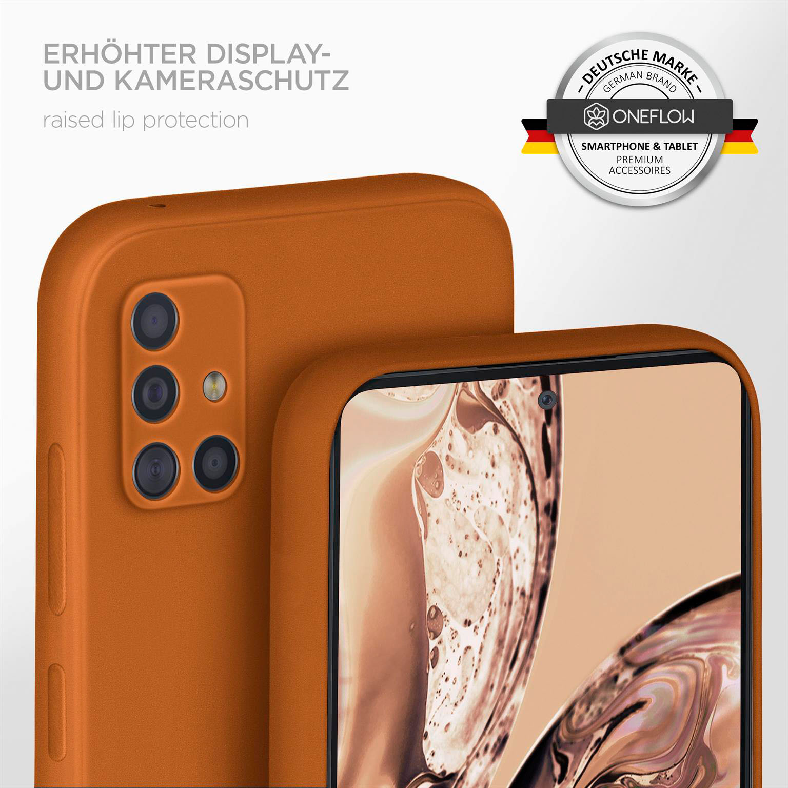 Zwei orangefarbene Handyhüllen, eine mit sichtbaren Kameradetails und einem Logo.