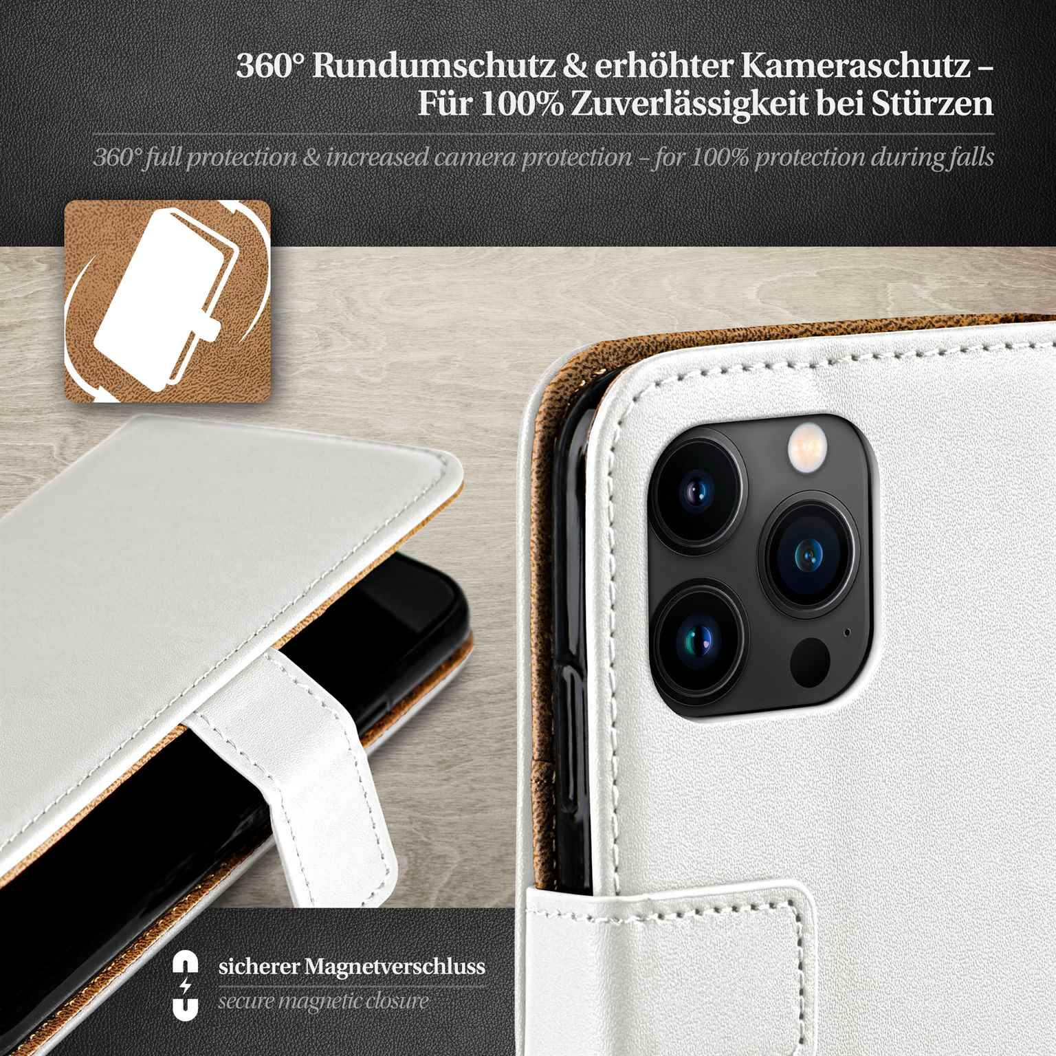 Weiße Leder-Handyhülle, die geöffnet wird, um ein Telefon zu zeigen. Text: 360° Schutz und sicherer Verschluss.