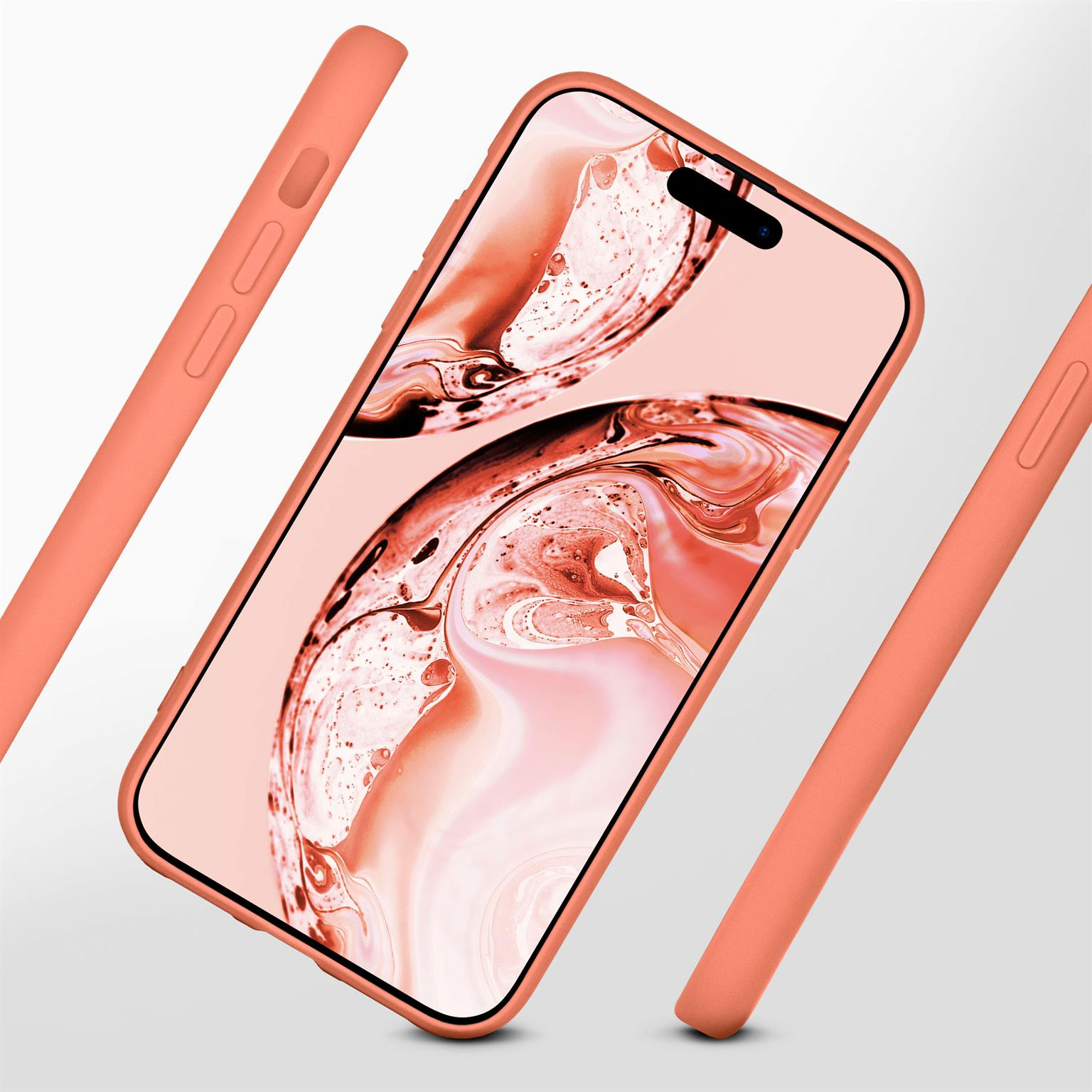 Korallenfarbene Handyhülle mit Telefon. Der Telefonbildschirm zeigt eine ähnliche Korallenfarbe. Drei Teile der Hülle sind sichtbar.