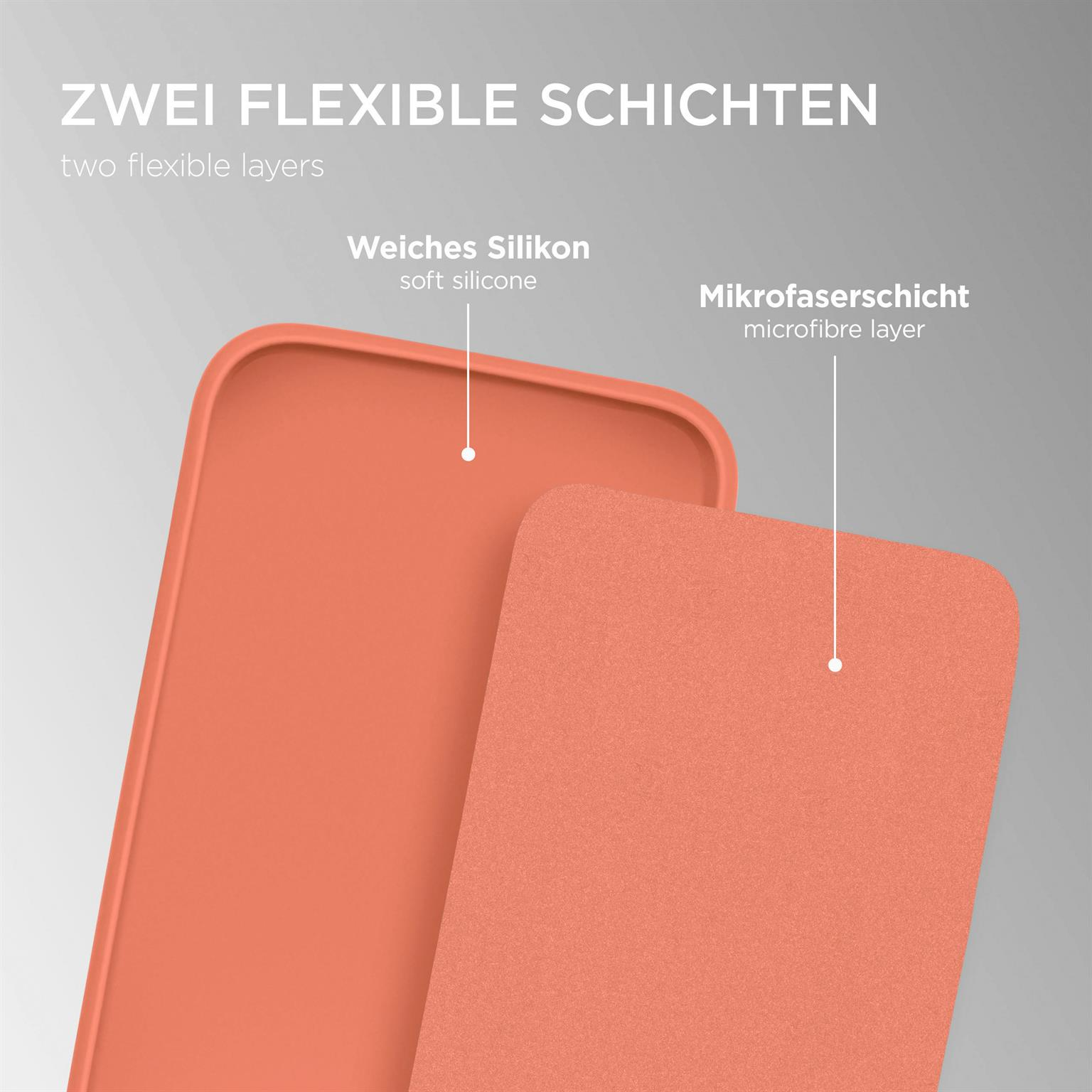 Zwei Schichten einer orangefarbenen Handyhülle, eine über der anderen. Die obere Schicht ist weicheres Silikon. Die untere Schicht ist Mikrofaser.