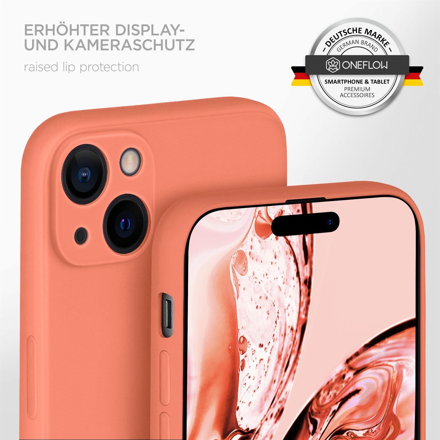 Orange Handyhülle mit erhöhtem Kameraschutz. Die Handyhülle bedeckt das Telefon. Der Hintergrund ist weiß.