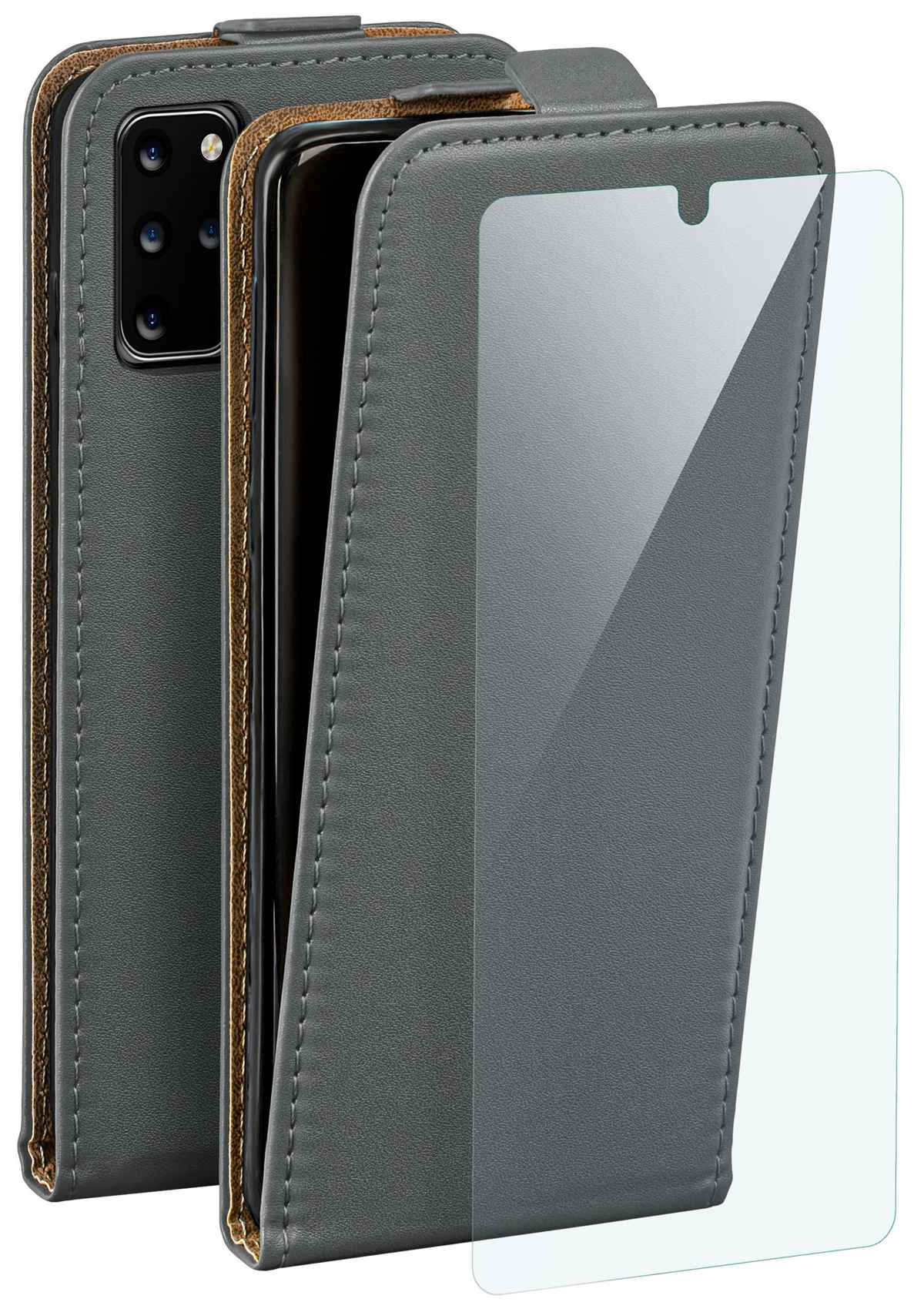 Graue Handyhülle und Displayschutz. Das Telefon ist drin. Braun und graue Lederabdeckung.