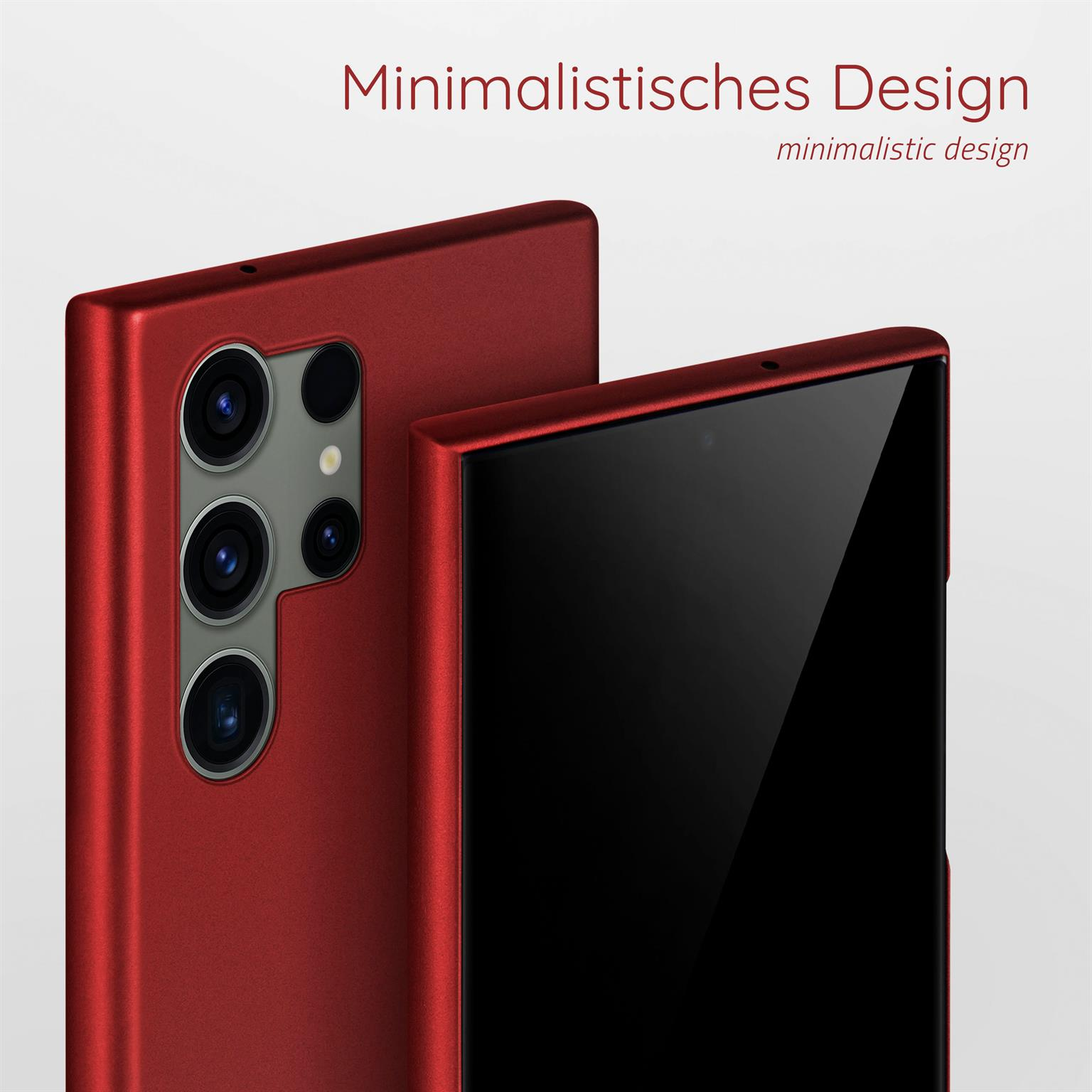 Rotes Handyhüllendesign mit minimalistischem Design. Zwei Telefone nebeneinander dargestellt.
