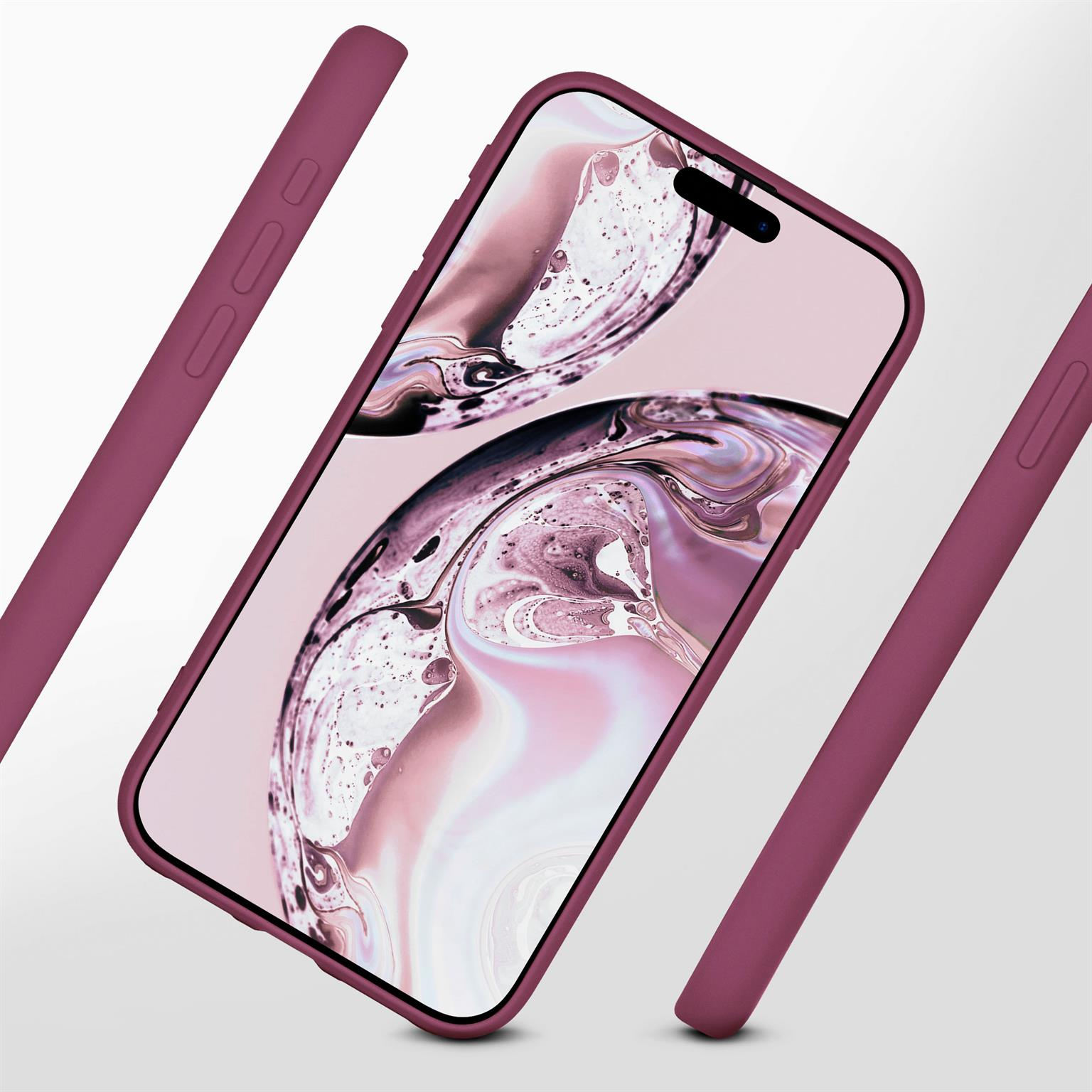 Telefon mit weinroten Hüllen. Telefon steht im Mittelpunkt.