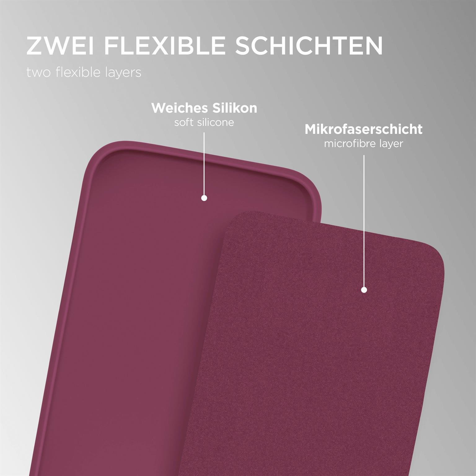 Zwei Materialschichten, weiches Silikon und eine Mikrofaserschicht. Das weiche Silikon ist dunkelrot und die Mikrofaser ist dunkelrot.