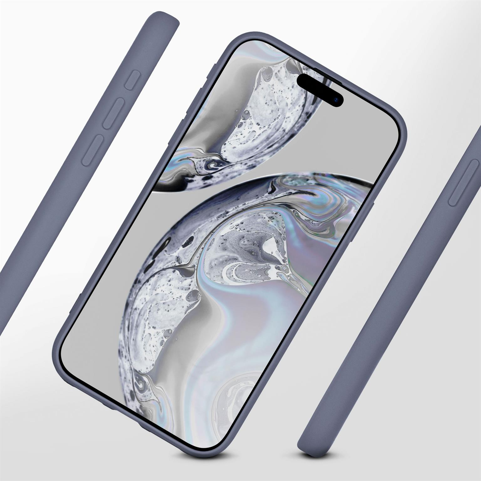 Telefon in einer blauen Hülle. Drei Teile sind abgebildet.