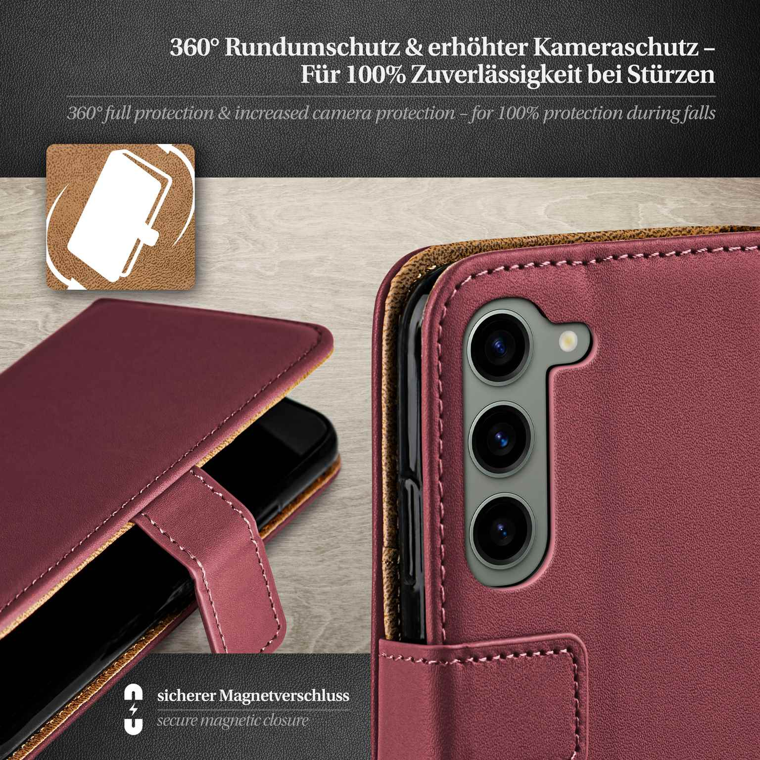 Telefonhülle in rotbrauner Farbe. Ein Telefon ist in der Hülle. Sicherer Magnetverschluss gezeigt.