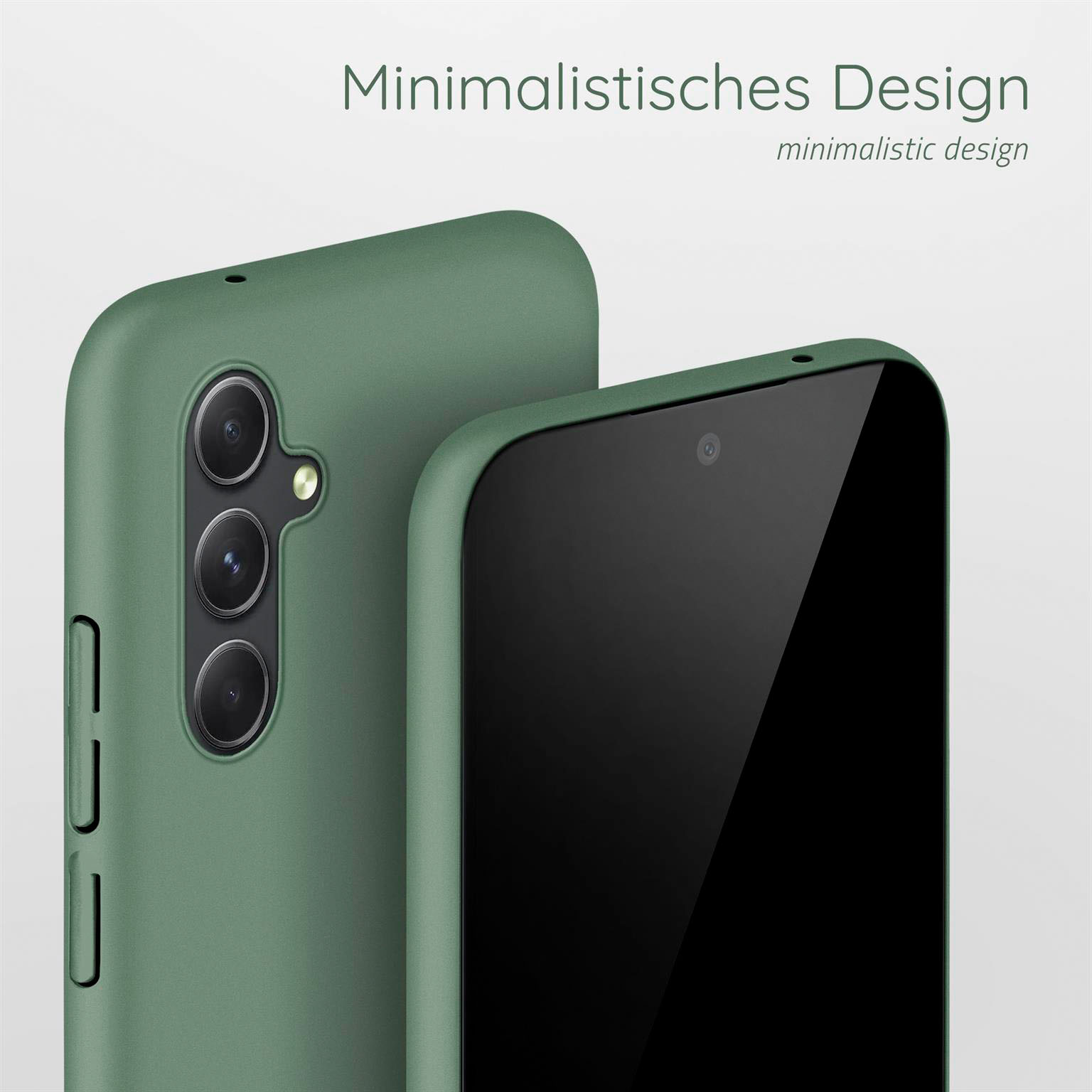 Grüne Handyhülle mit Telefon. Schwarzer Bildschirm. Heller grüner Hintergrund.