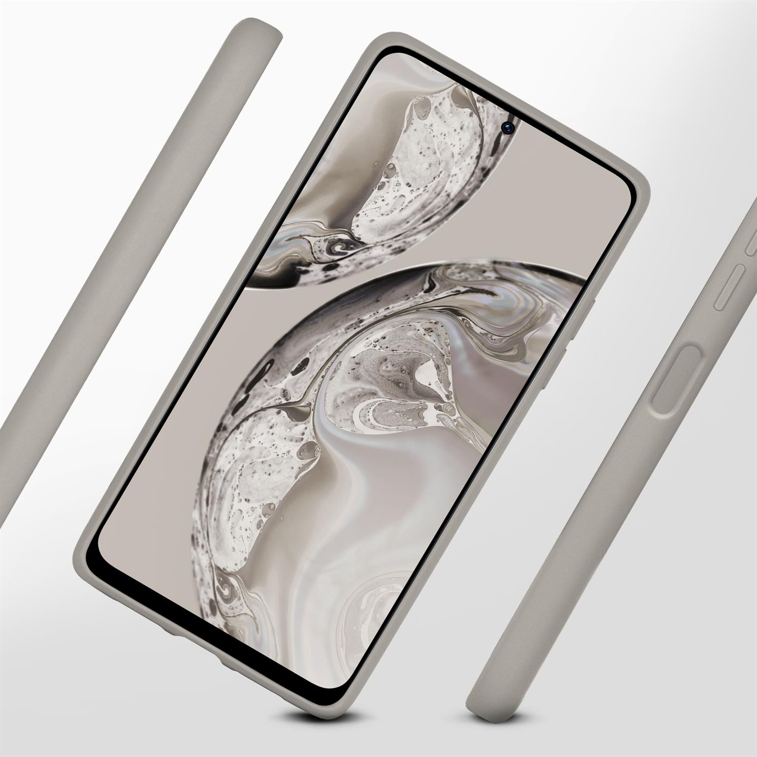 Ein Telefon in einer Hülle, in einer 3/4-Ansicht. Die Hülle hat ein schlankes Design. Der Bildschirm des Telefons zeigt ein flüssiges, künstlerisches Bild.