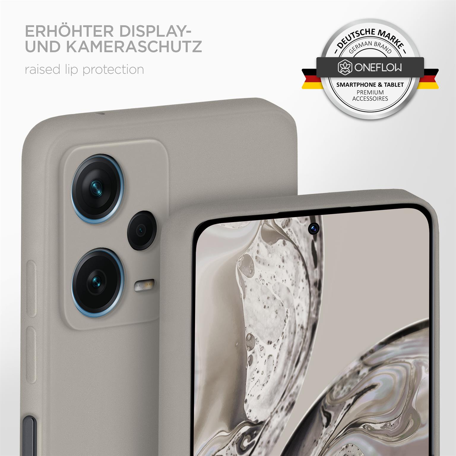 Telefon mit grauer Hülle, erhöhter Lippenschutz, deutsches Markenlogo. Hintergrund: Telefon.