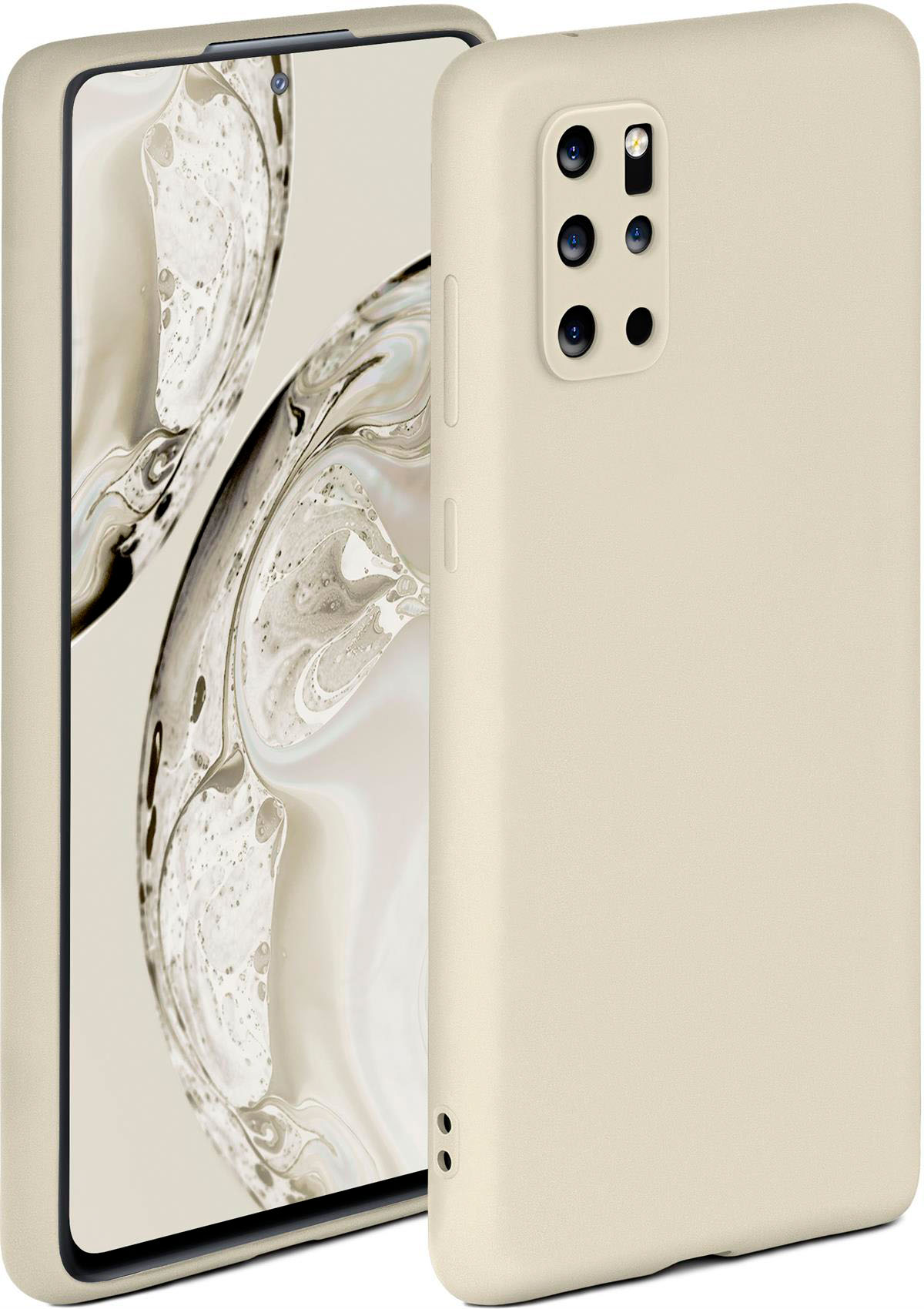 Hellbraune Handyhülle mit Telefon auf weißem Hintergrund. Telefon hat mehrere Kameras.