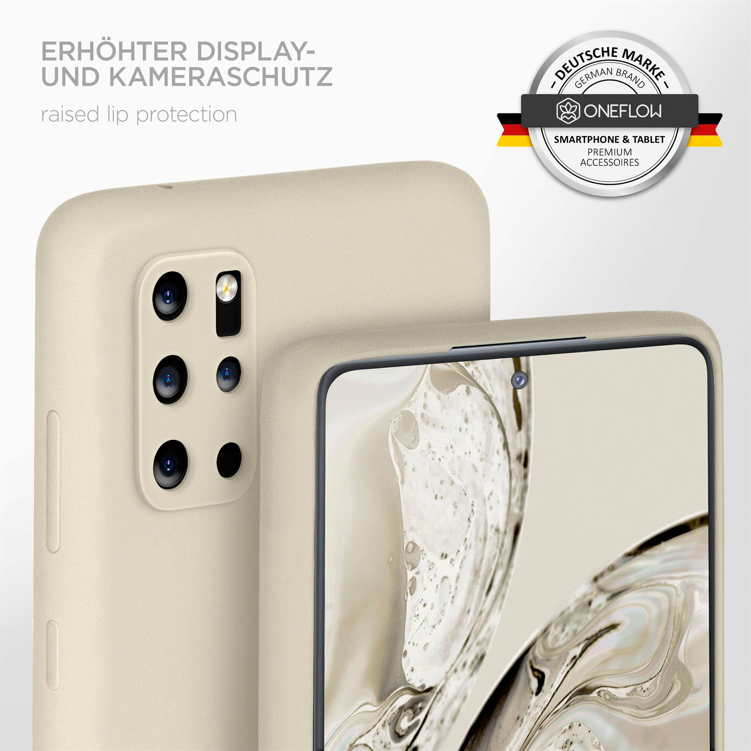 Zwei beige Handyhüllen. Eine ist scharfgestellt und zeigt die Kamera und die Ränder. Die andere ist unscharf im Hintergrund.