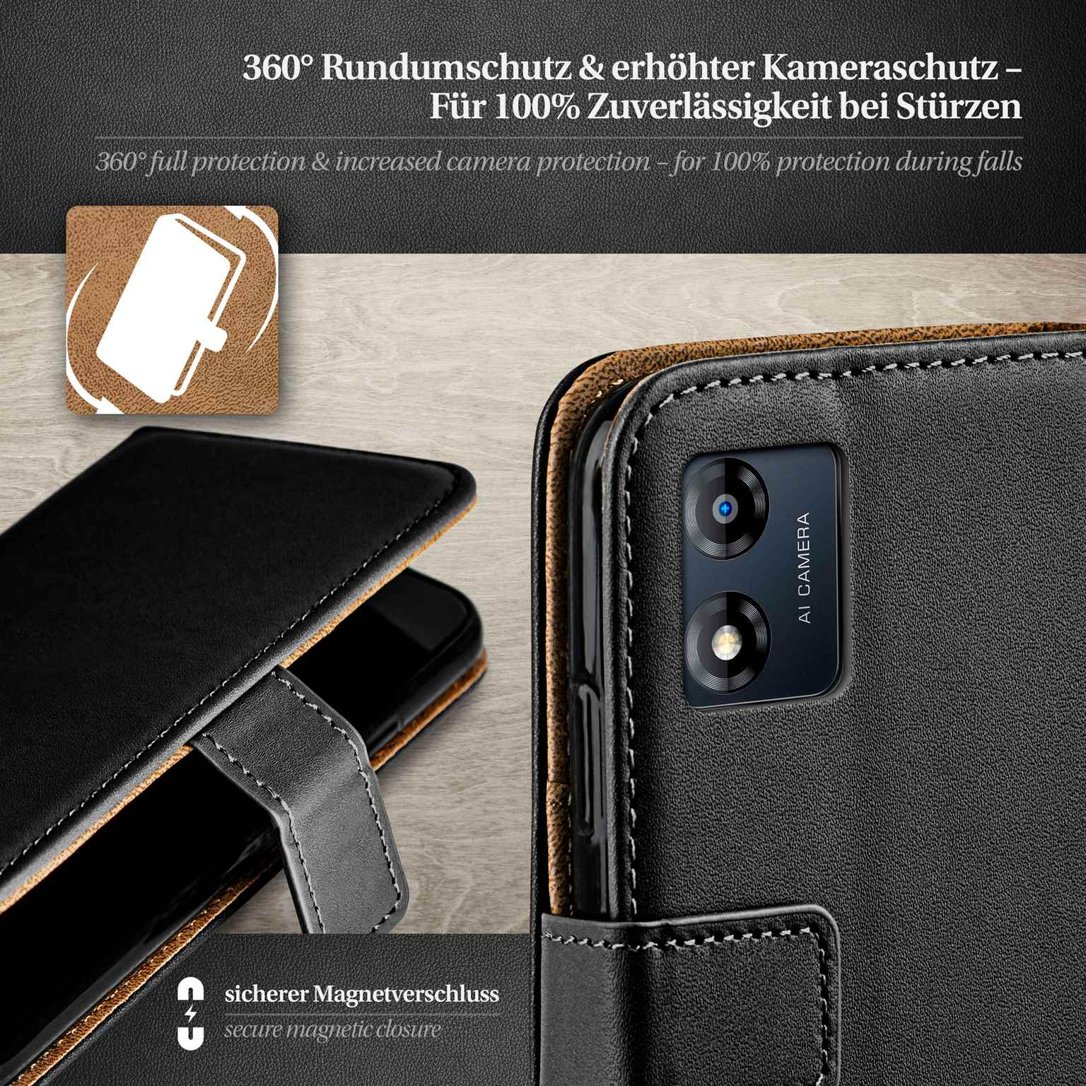 Schwarze Handyhülle geöffnet, Telefon zeigend. Text oben. Brauner Lederhintergrund.