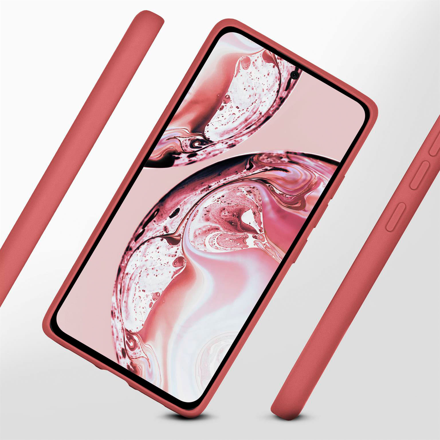 Ein Telefon in einer roten Hülle. Drei rote Balken zeigen die Form des Telefons.