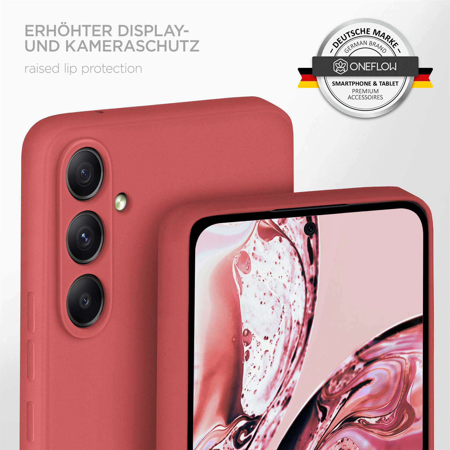 Eine rote Handyhülle mit Telefon. Die Hülle hat erhöhten Lippenschutz.