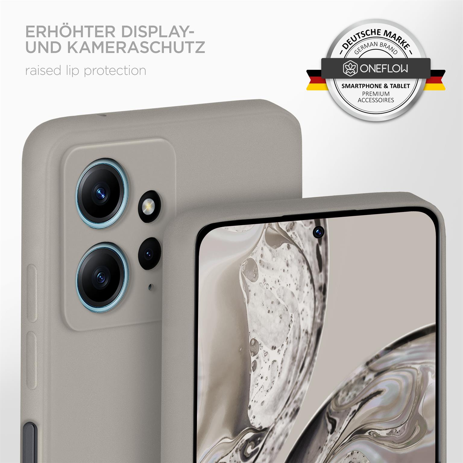 Eine Handyhülle mit dem Telefon im Inneren. Die Hülle ist grau und das Telefon hat zwei Kameras. Erhöhter Lippenschutz wird gezeigt.