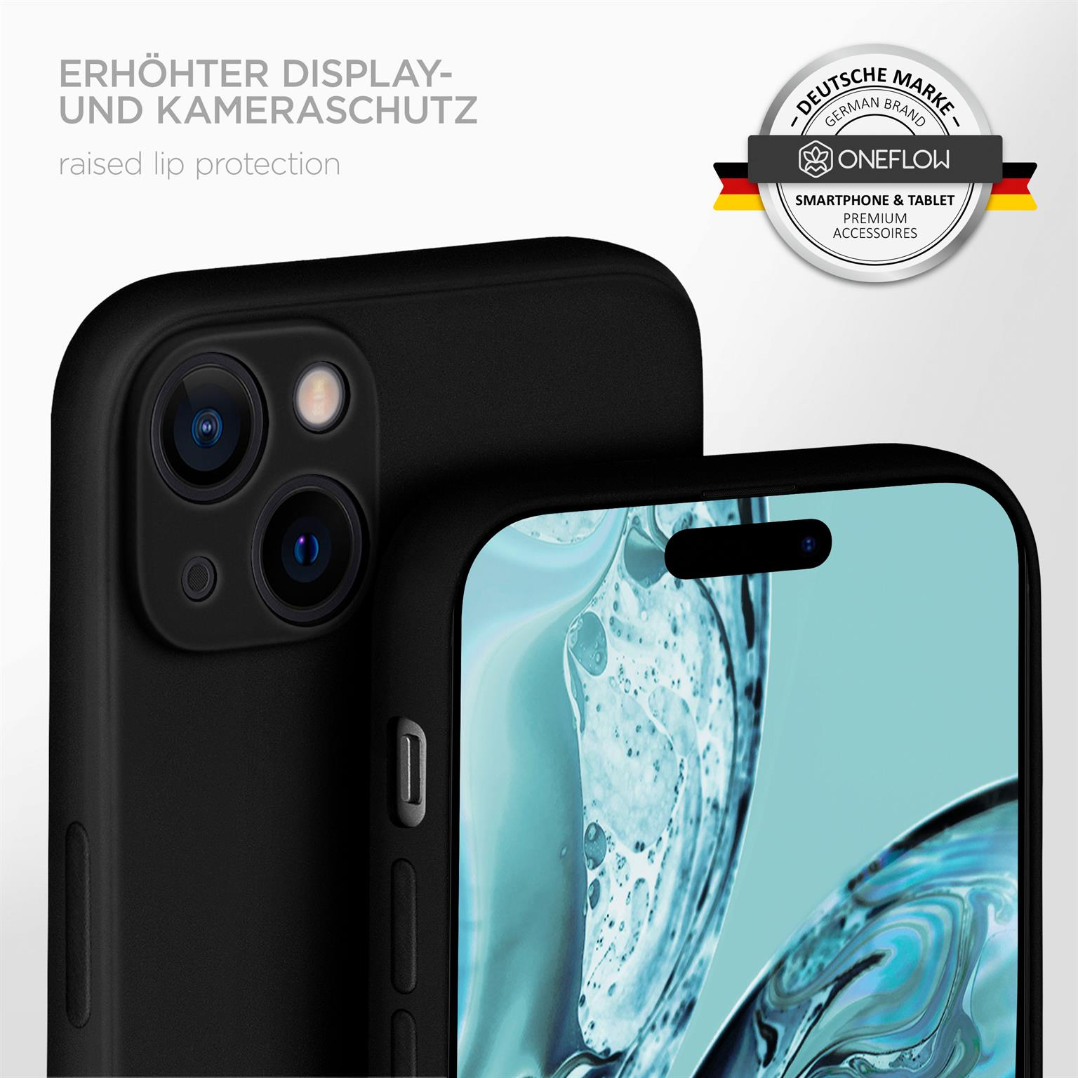 Eine schwarze Handyhülle mit einem Telefon darin, das eine erhöhte Lippe zum Schutz zeigt.